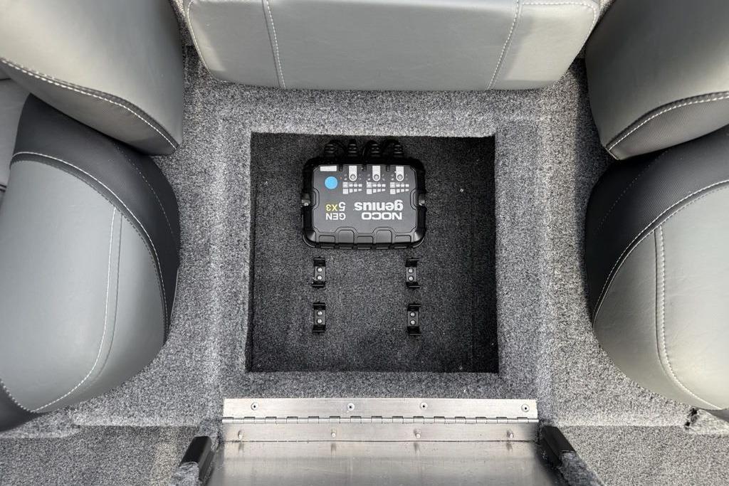 Interior of 2026 Tracker Pro Team 175 boat with NOCO Genius charger.