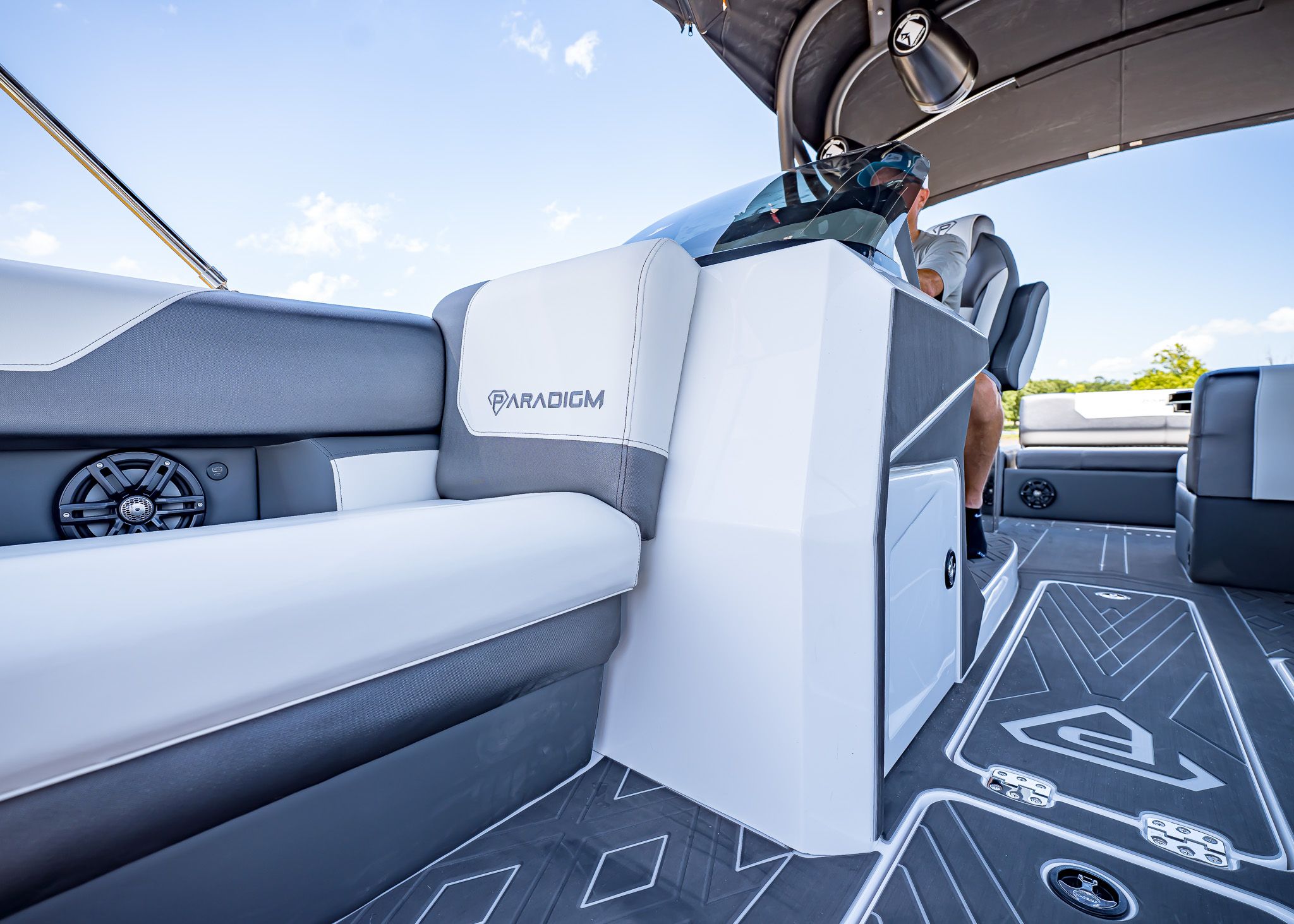 Interior of Paradigm 266 SL SURF boat, model year 2025.