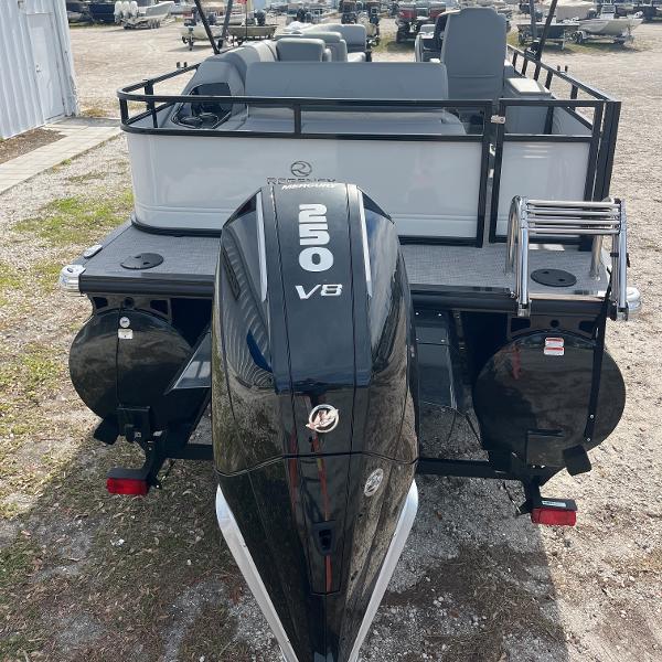2023 Regency 250 DL3 pontoon boat with powerful V8 engine.