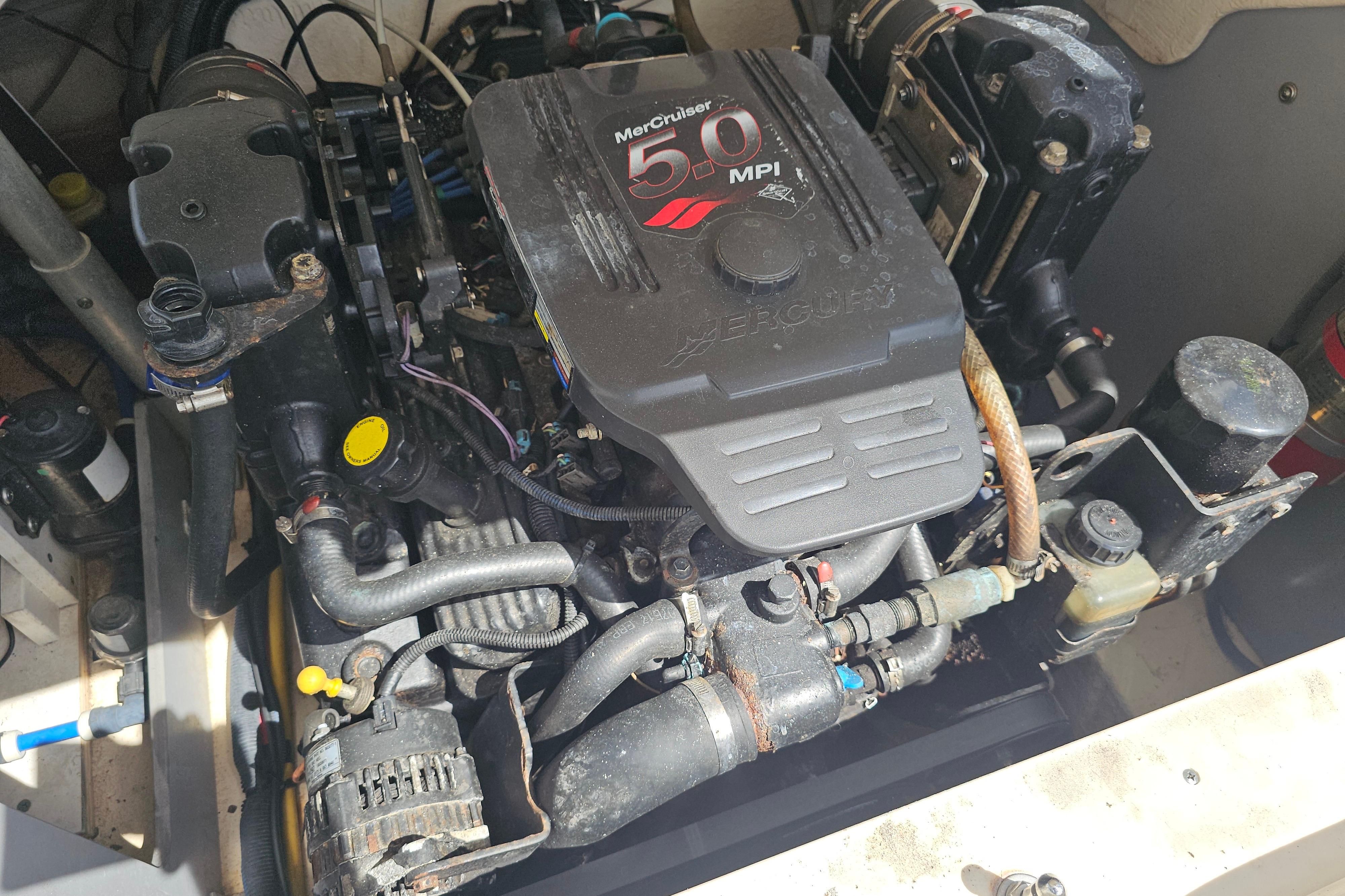 Engine compartment of a 2008 Monterey 220 Explorer with MerCruiser 5.0 MPI engine.