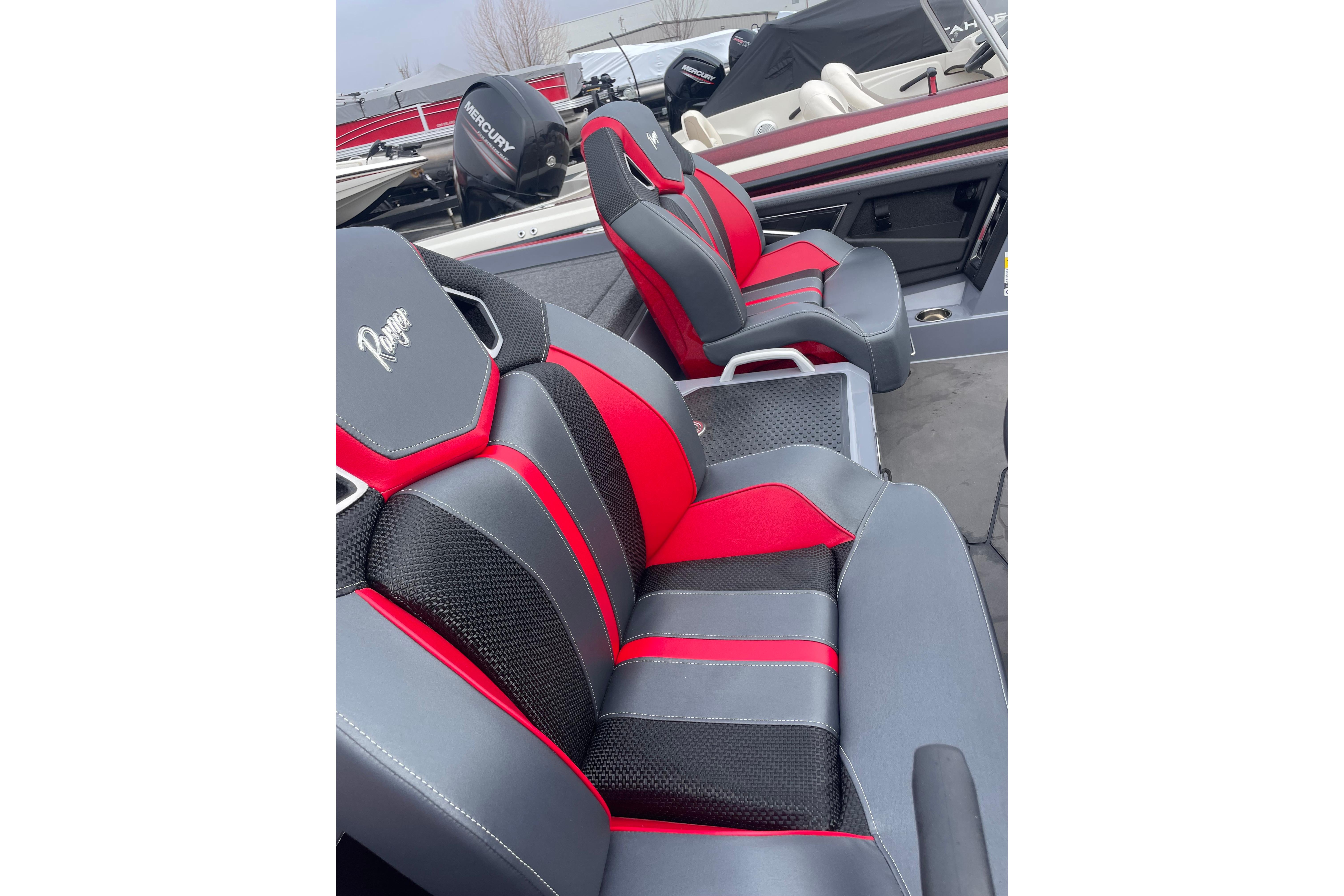 2025 Ranger Z520R Cup-Equipped boat seats with red and black accents.