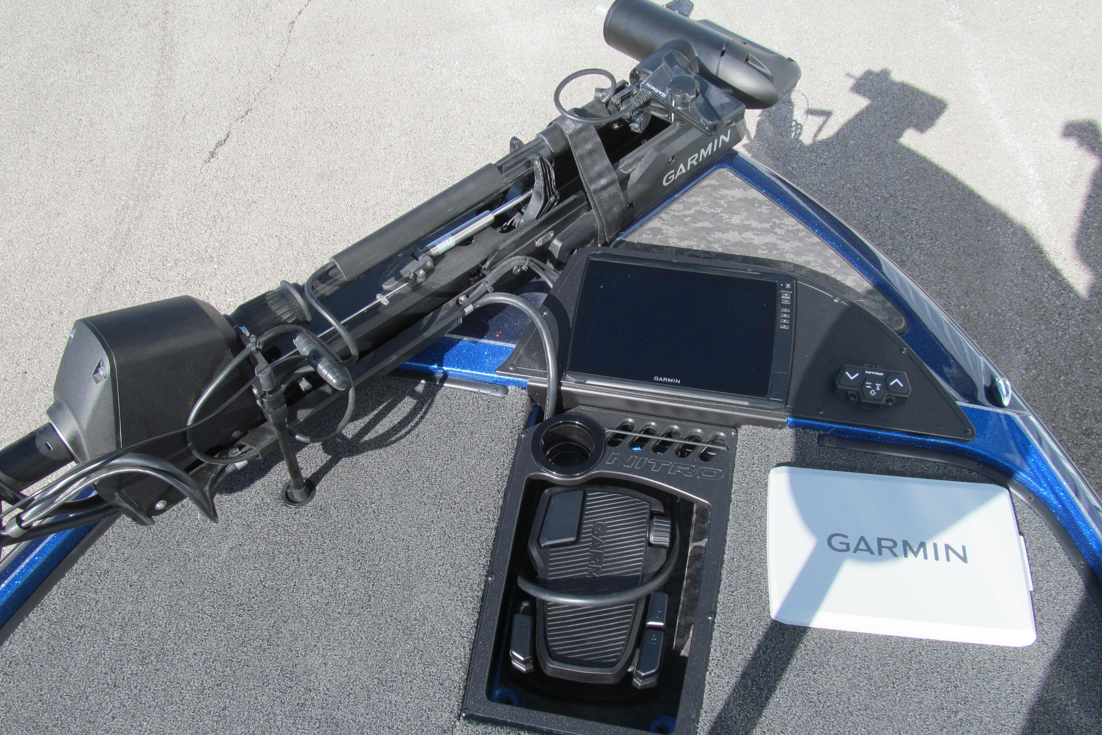 2026 Nitro Z20 XL Pro boat dashboard with Garmin electronics and foot pedal controls.