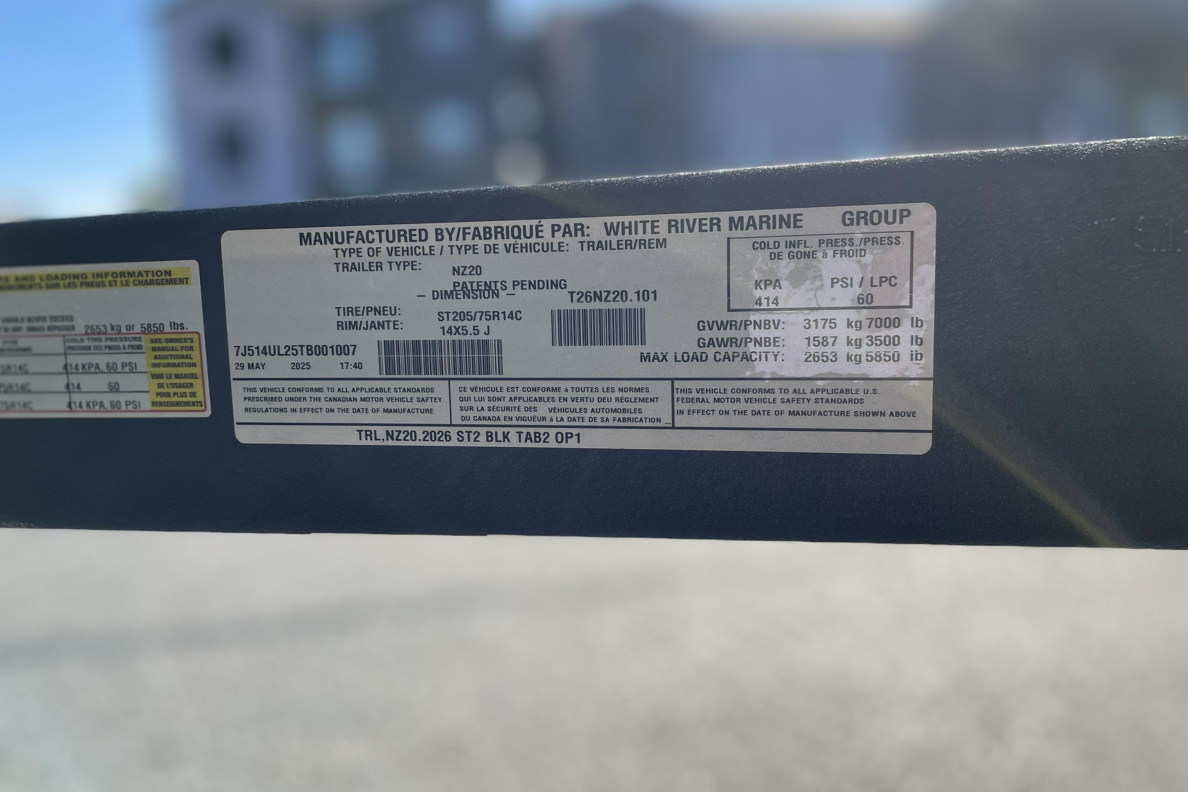 Label on a 2026 Nitro Z20 XL trailer, detailing specifications and manufacturing information.