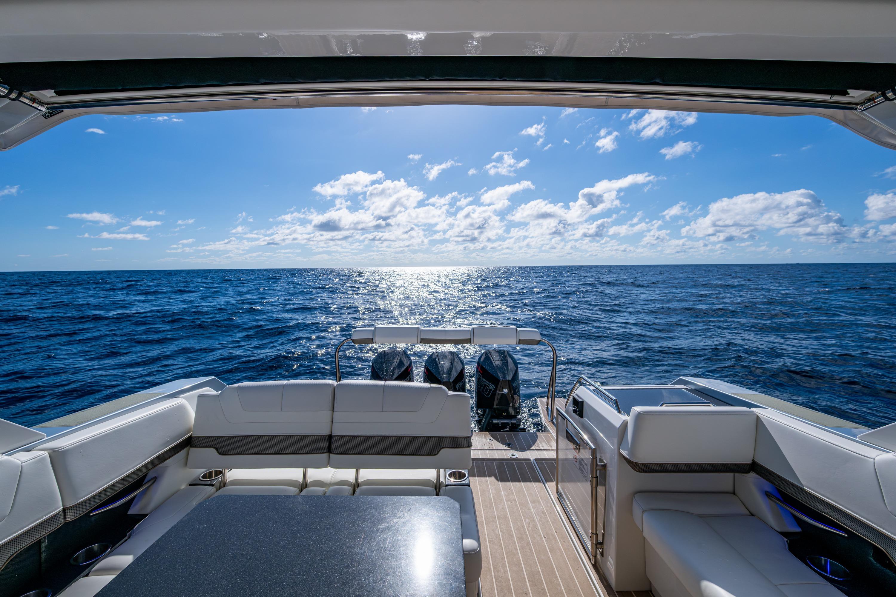 Luxury view from 2022 Formula 380 Super Sport Crossover OB yacht, overlooking the ocean.
