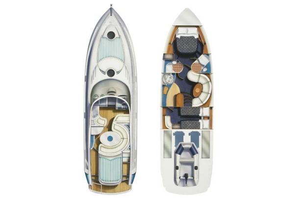 2004 Fairline Targa 43 yacht floor plan, showcasing interior and exterior layouts.