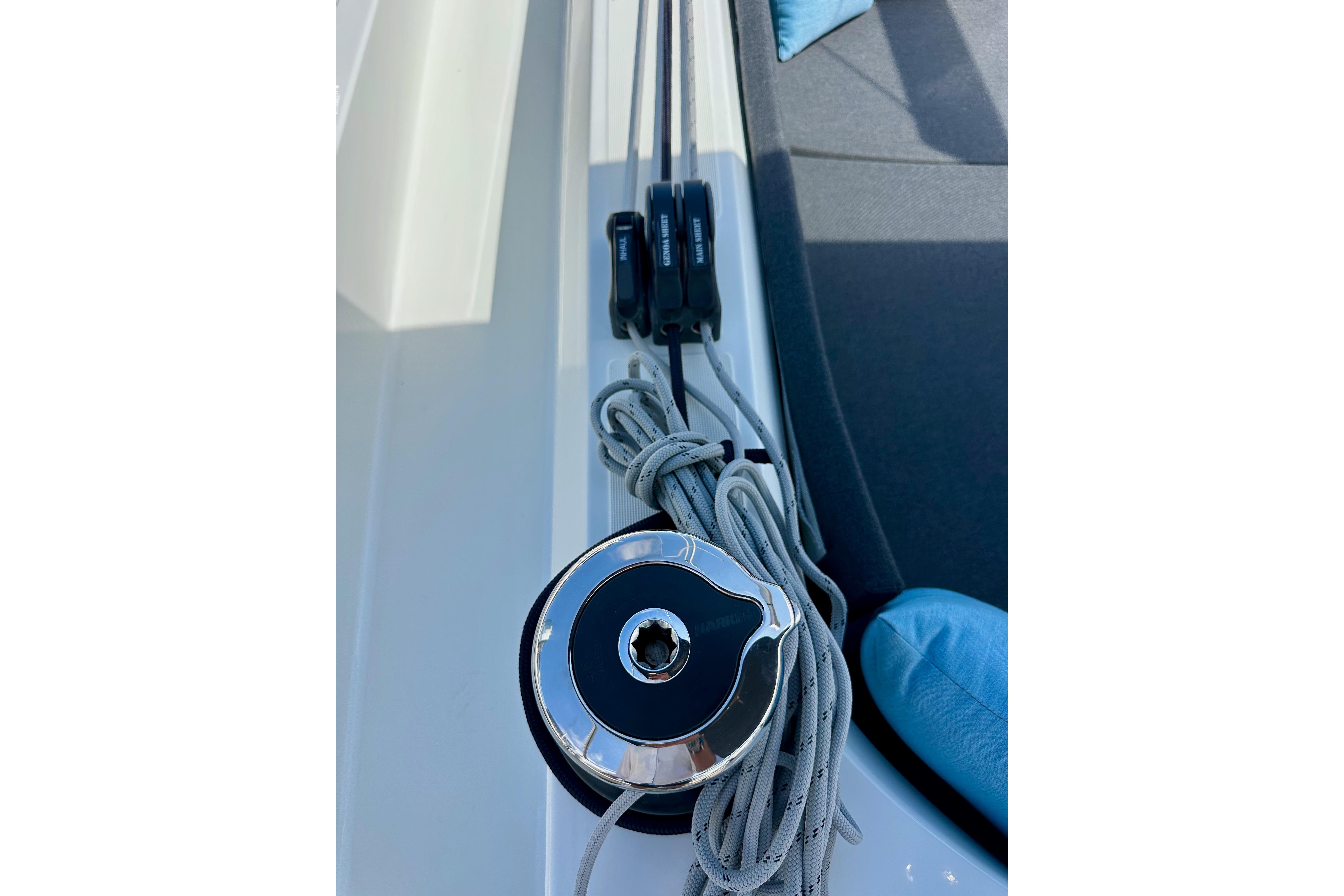 Close-up of Jeanneau Sun Odyssey 410 sailboat winch and ropes, 2024 model.