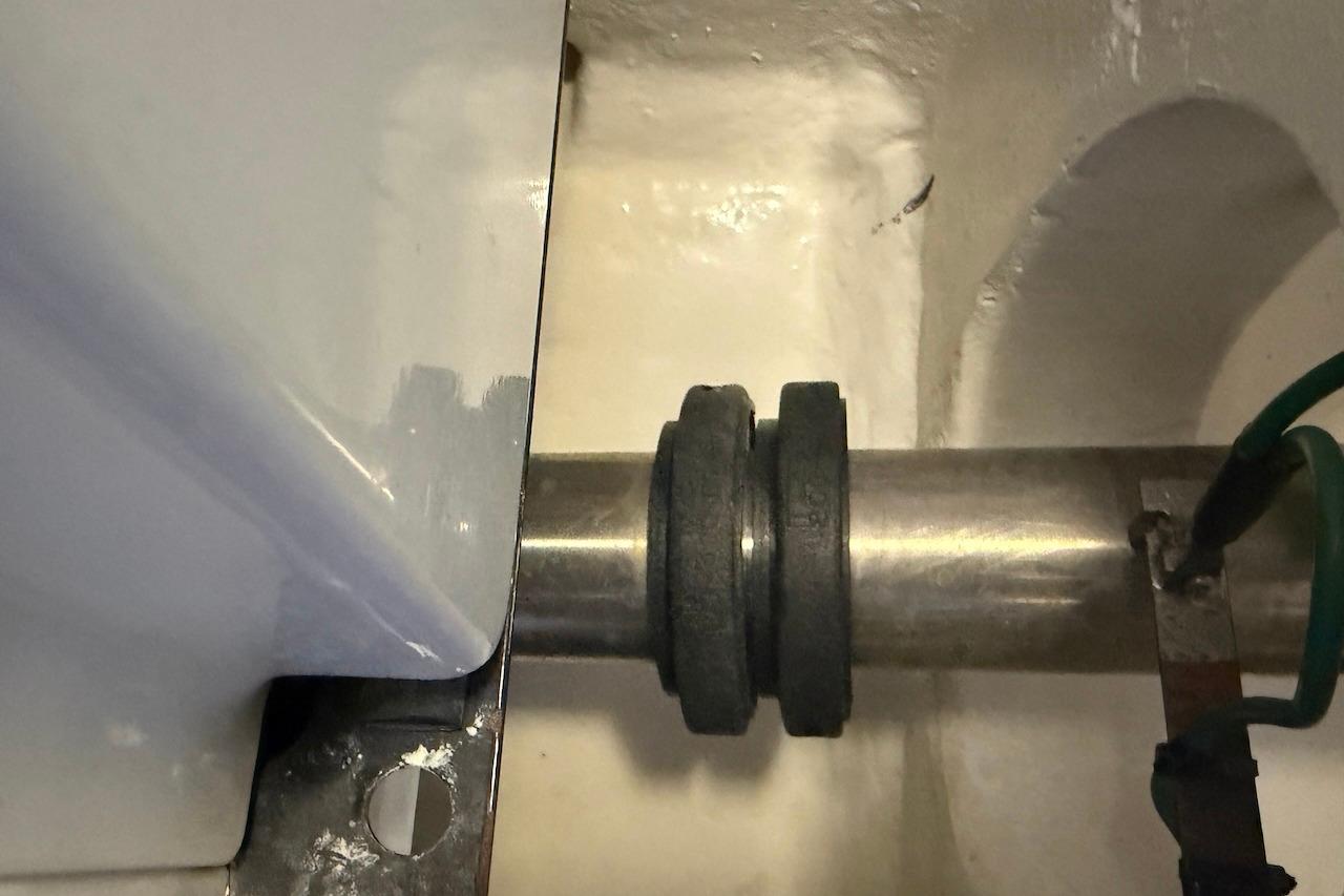 Close-up of a 2012 Viking 50 Convertible boat's shaft and coupling assembly.