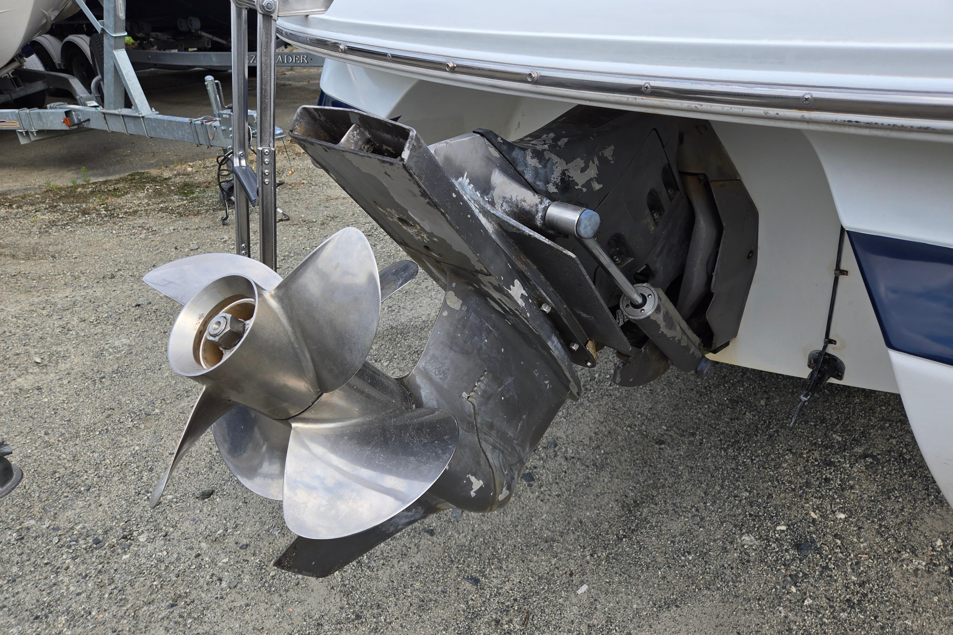 Close-up of a Cobalt 246 boat's propeller and outdrive, model year 2000.