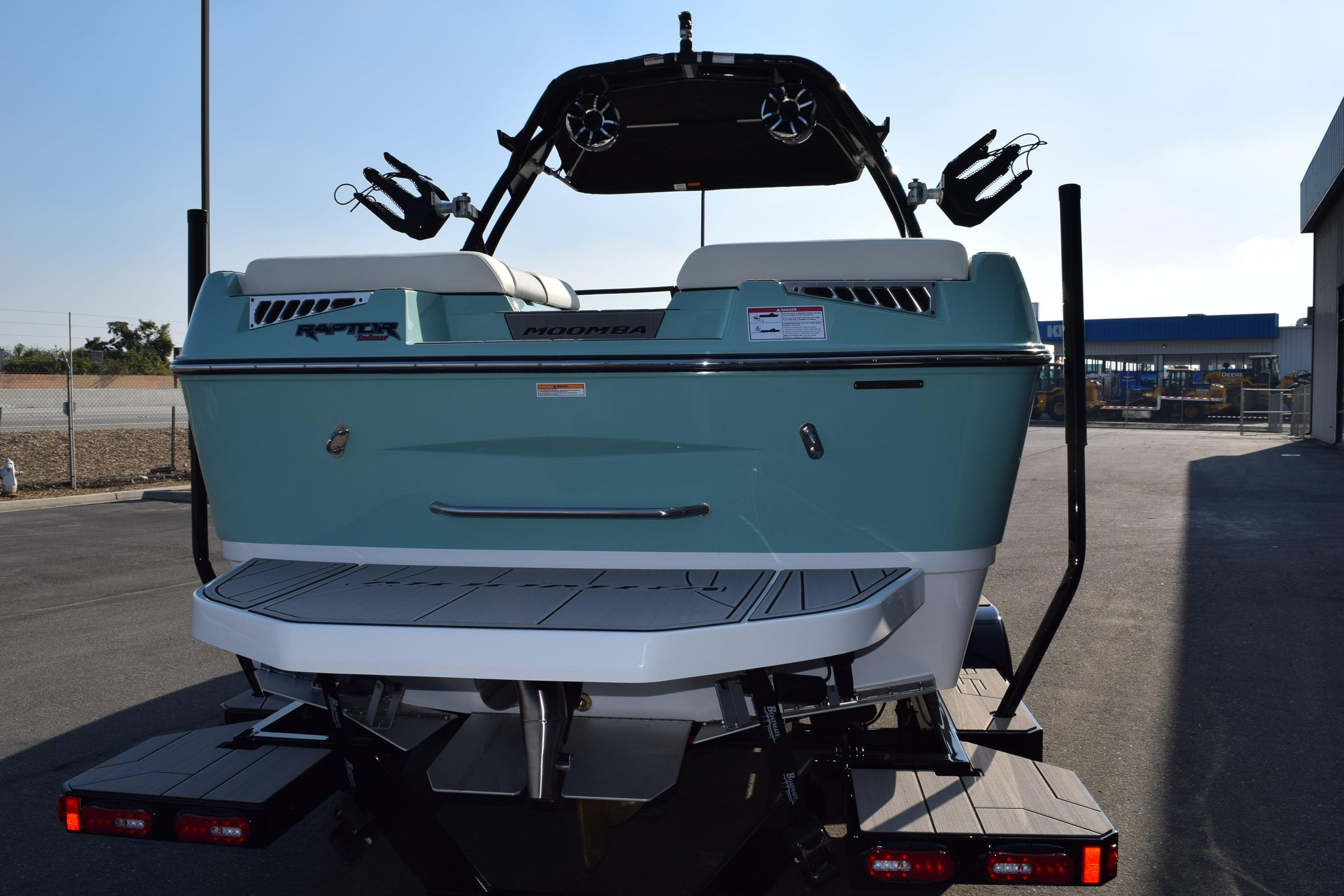 2025 Moomba Mojo boat rear view, featuring sleek design and modern features.