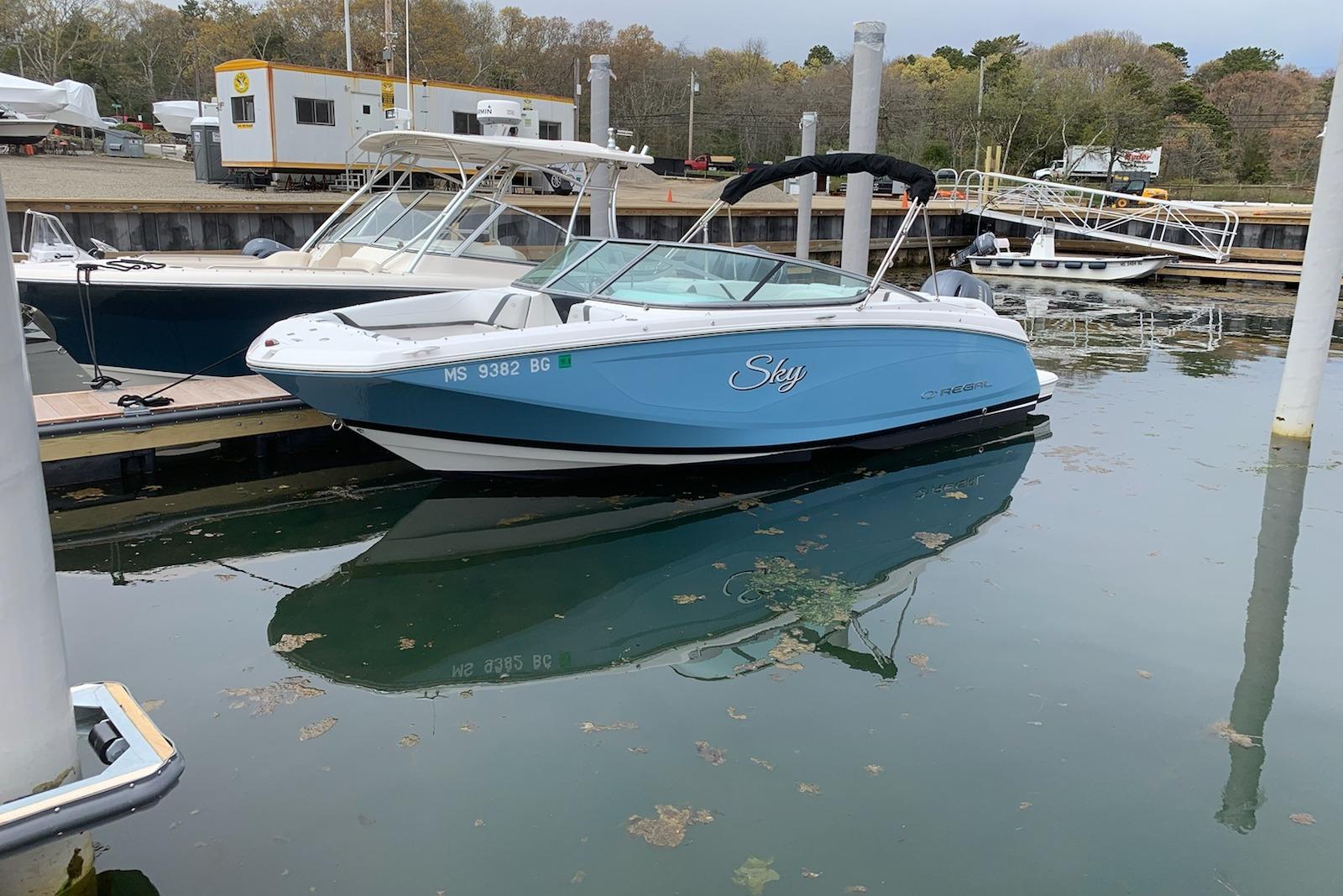 2017 Regal 23 OBX boat named "Sky" docked in a marina.