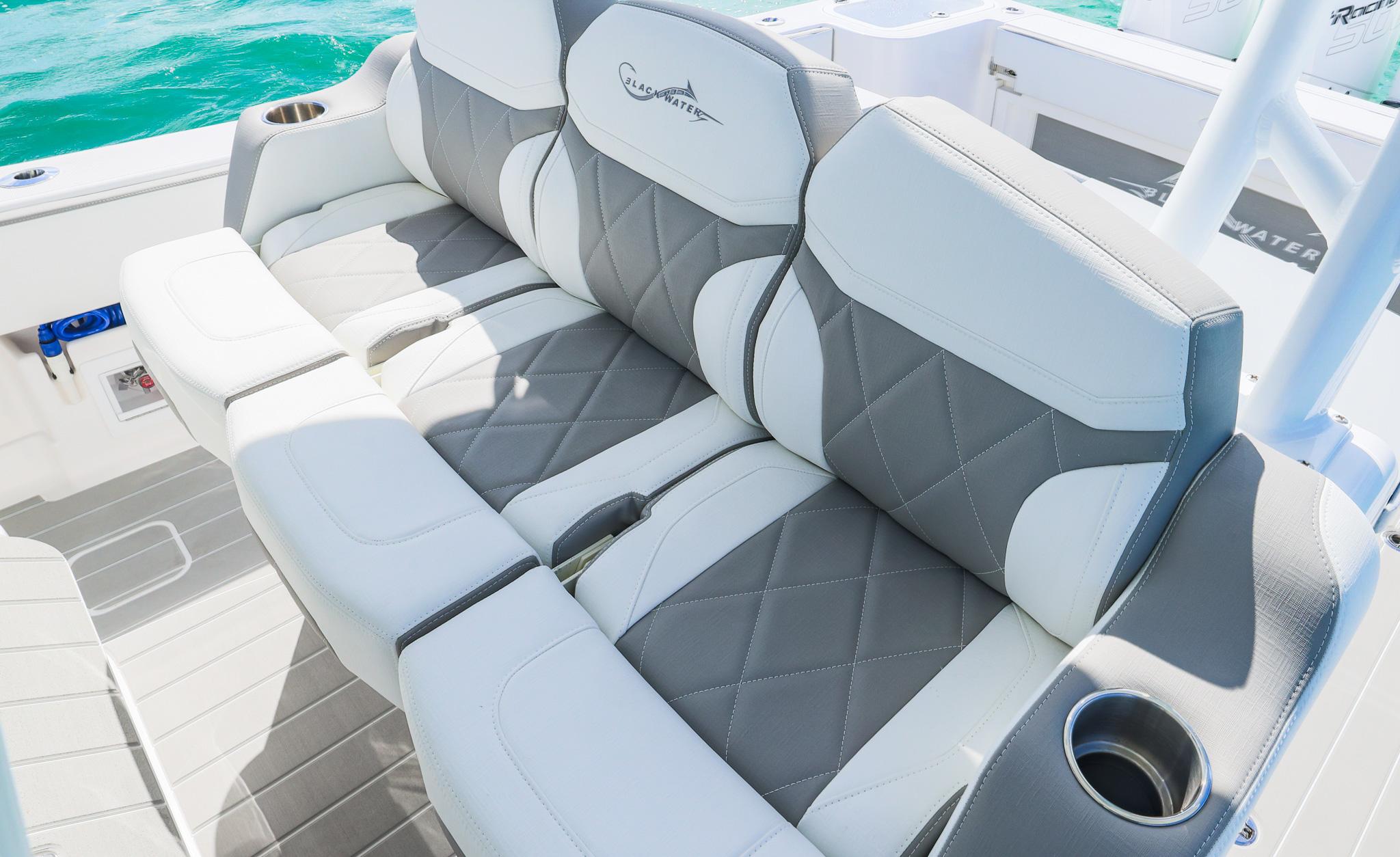 Luxurious seating on 2025 Blackwater 43 Sportfish boat with diamond-pattern upholstery.