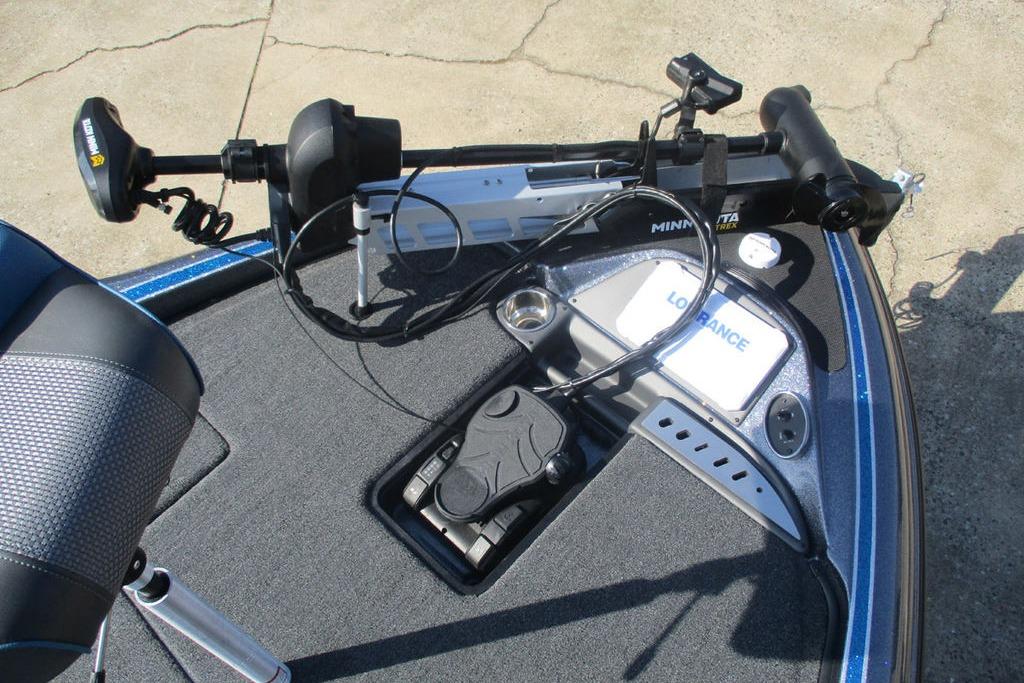 2026 Triton 18 TrX boat deck with Minn Kota trolling motor and Lowrance electronics.