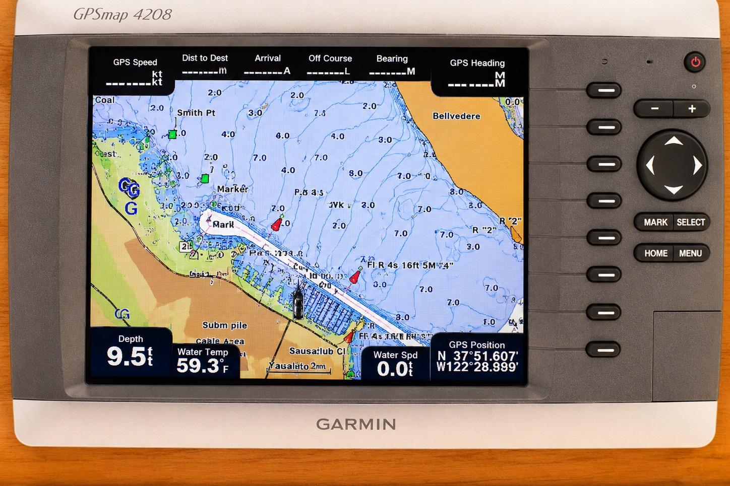 Garmin GPSmap 4208 displaying nautical chart on a 1989 Grand Banks 42 Classic.