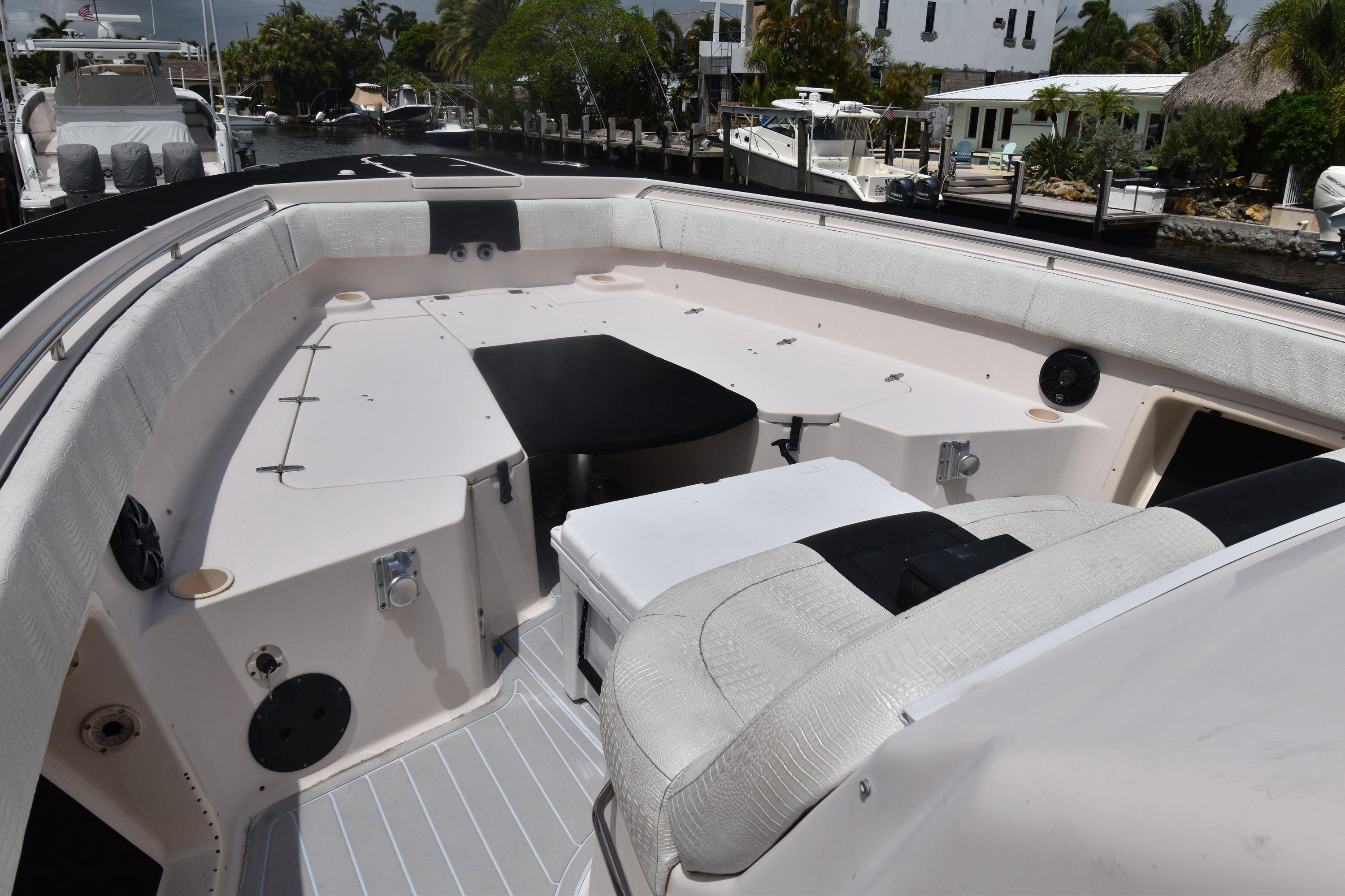 2010 Grady-White Canyon 366 boat with spacious deck and seating area.