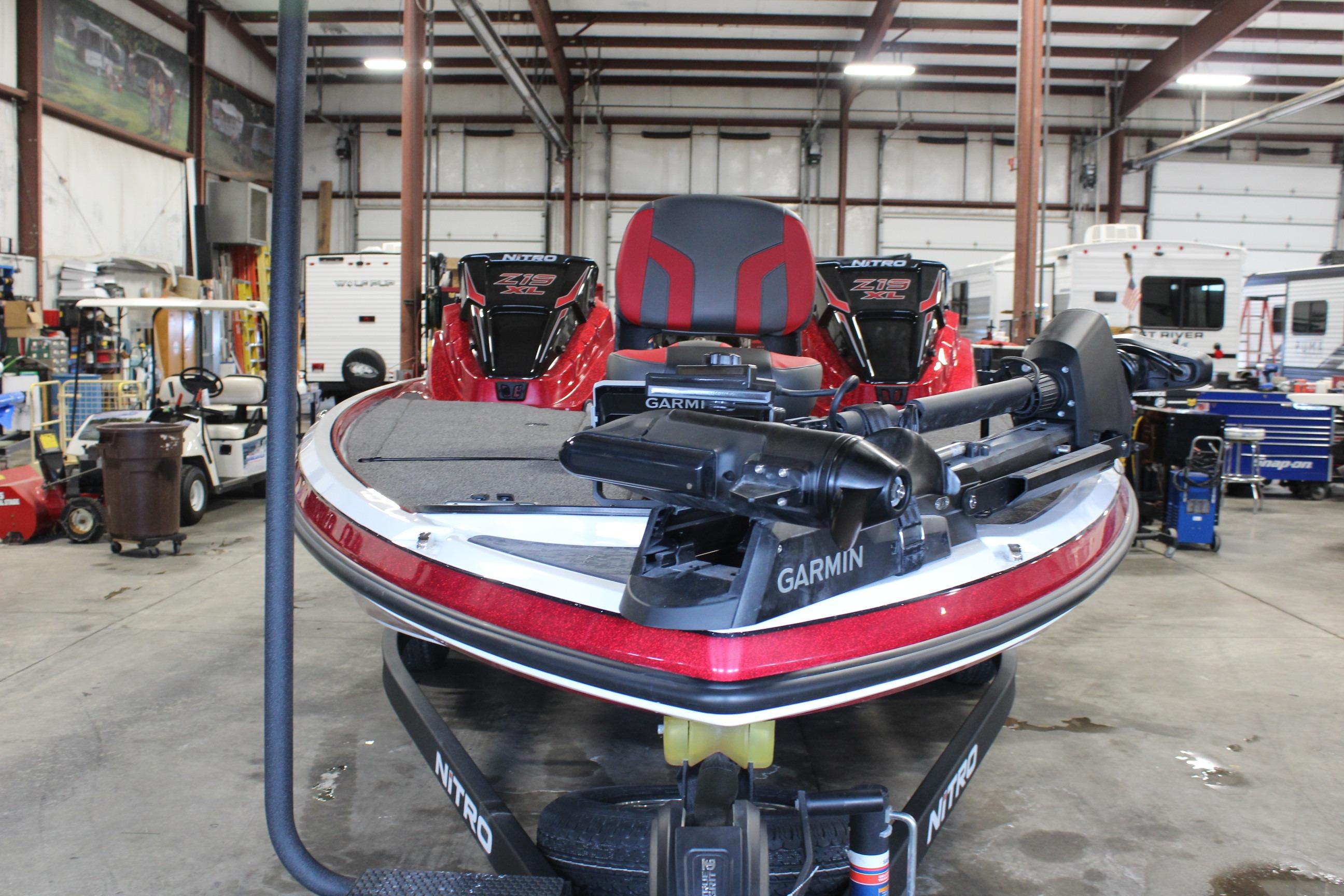 2026 Nitro Z19 XL Pro boat in a workshop, featuring Garmin equipment.