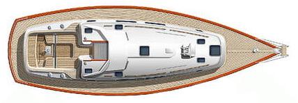Top view of a 1999 Rustler 42 yacht, showcasing deck layout and design.