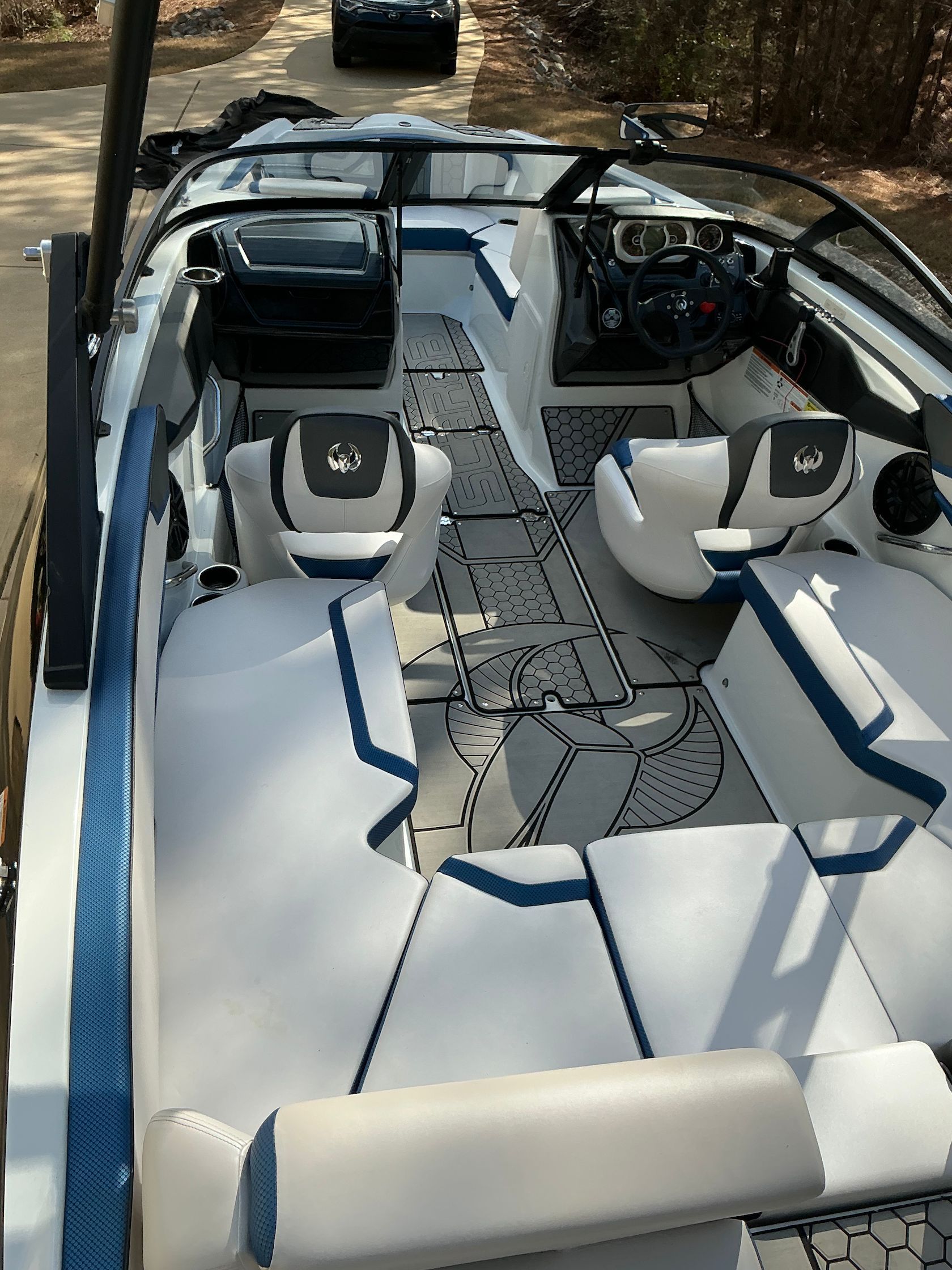 Interior of a 2021 Scarab 215 ID boat with modern seating.