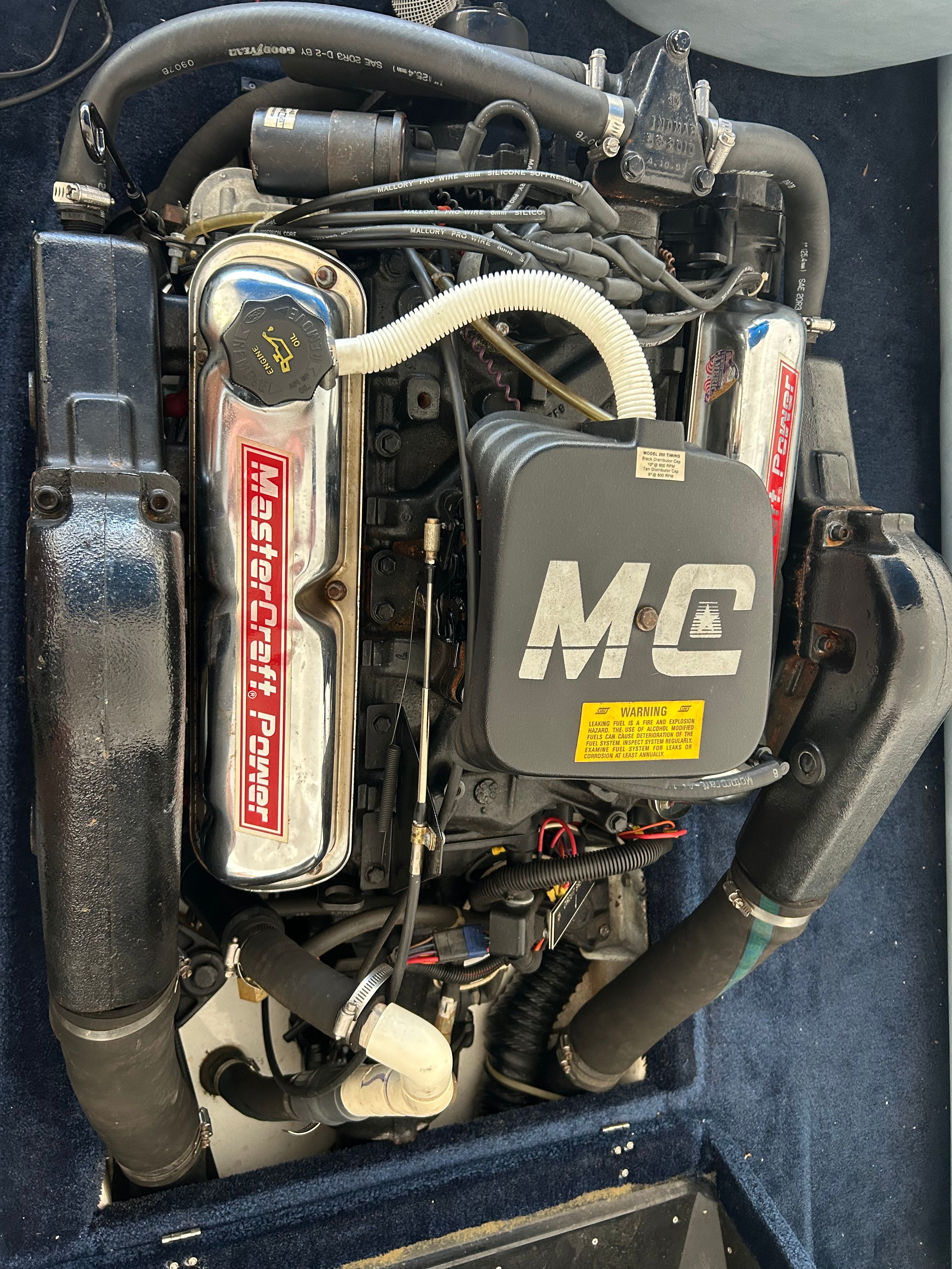 Engine of a 1987 MasterCraft ProStar 190 with MasterCraft Power logo.