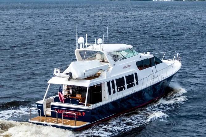 2000 Pacific Mariner 65 Motoryacht cruising on open water, rear view.