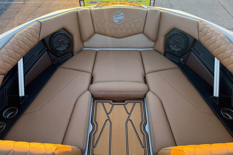 2026 Tigé Z3 boat interior with luxurious tan seating and modern design.