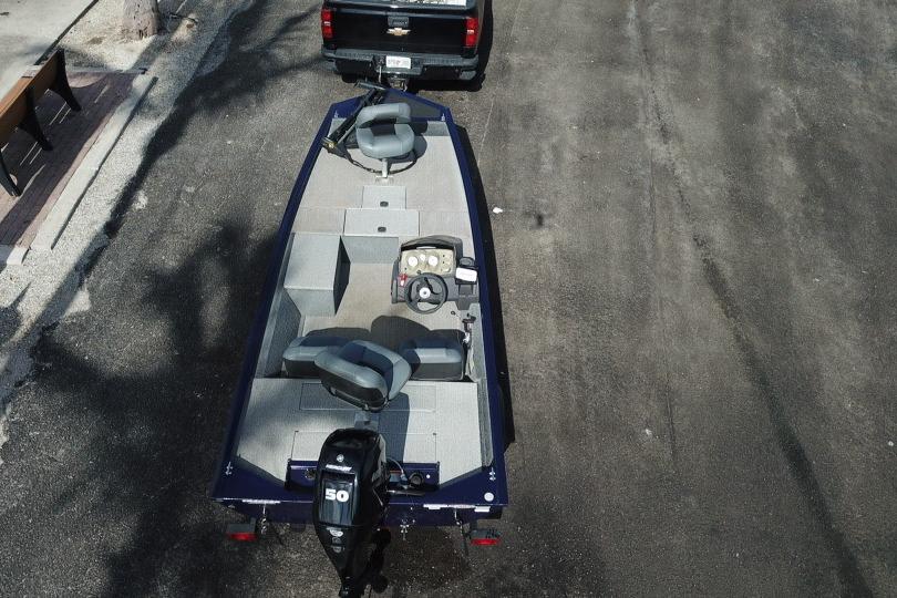Overhead view of a 2020 Tracker Pro 170 boat hitched to a truck.