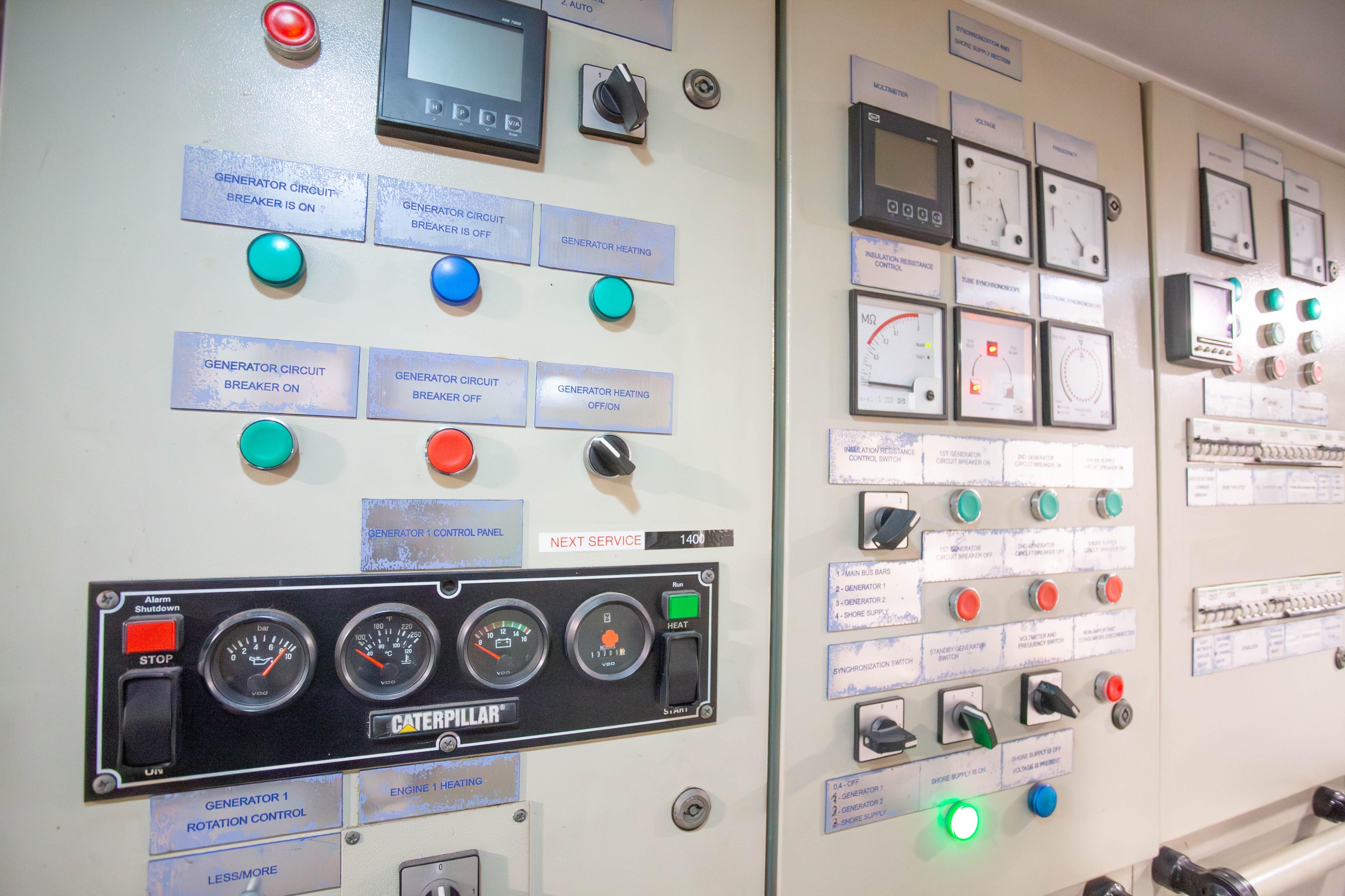 Control panel of 2014 Fifth Ocean Yachts 24m Displacement Explorer Yacht, featuring gauges and switches.
