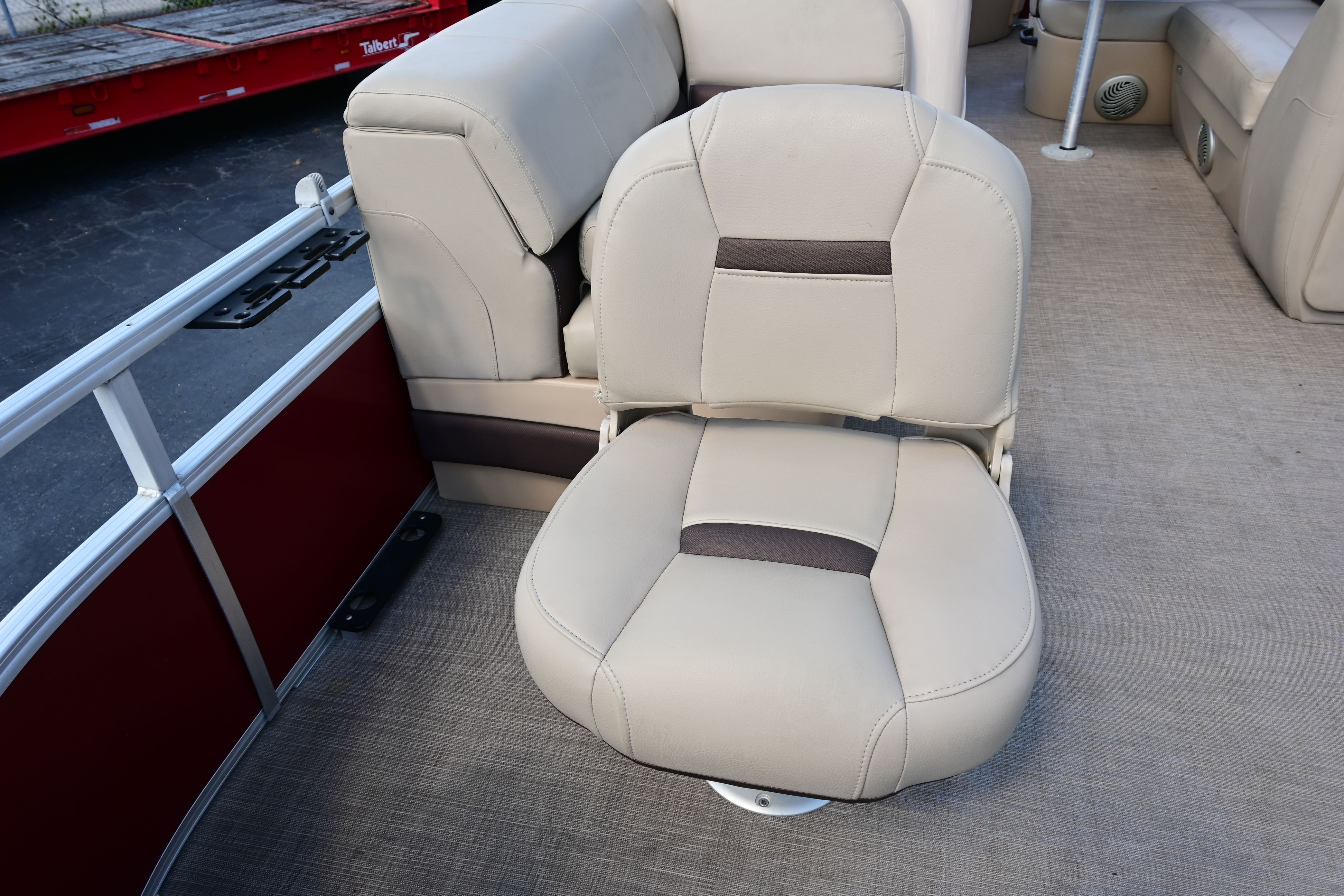 2019 Sun Tracker FISHI boat seat in beige leather.