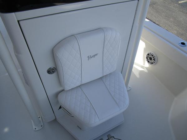 2024 Ranger 2660 Bay boat with white cushioned seat.
