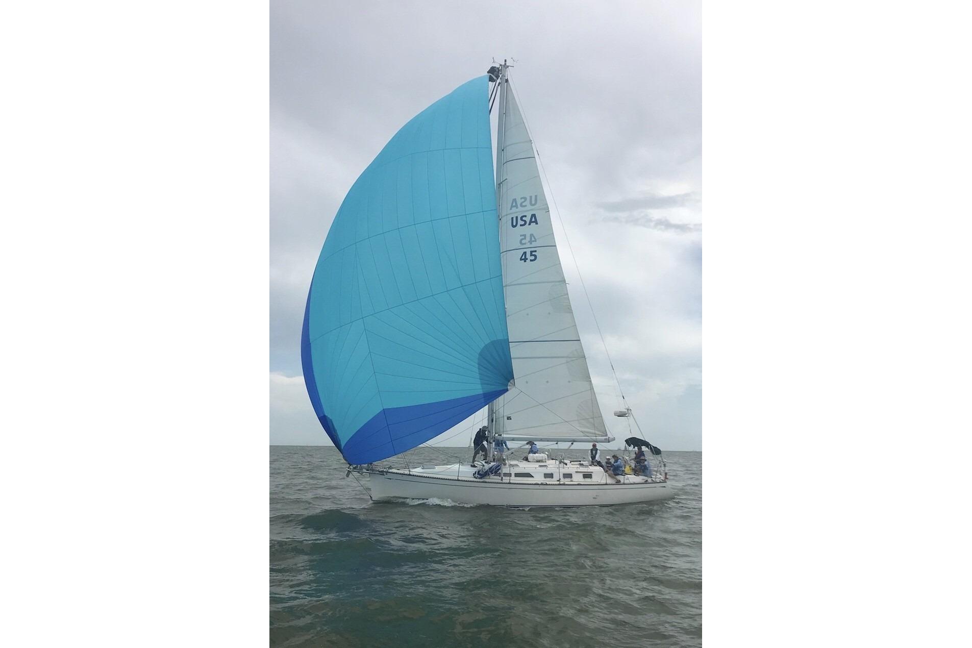 Sailing yacht Saga 43 (2002) with blue spinnaker on open water.