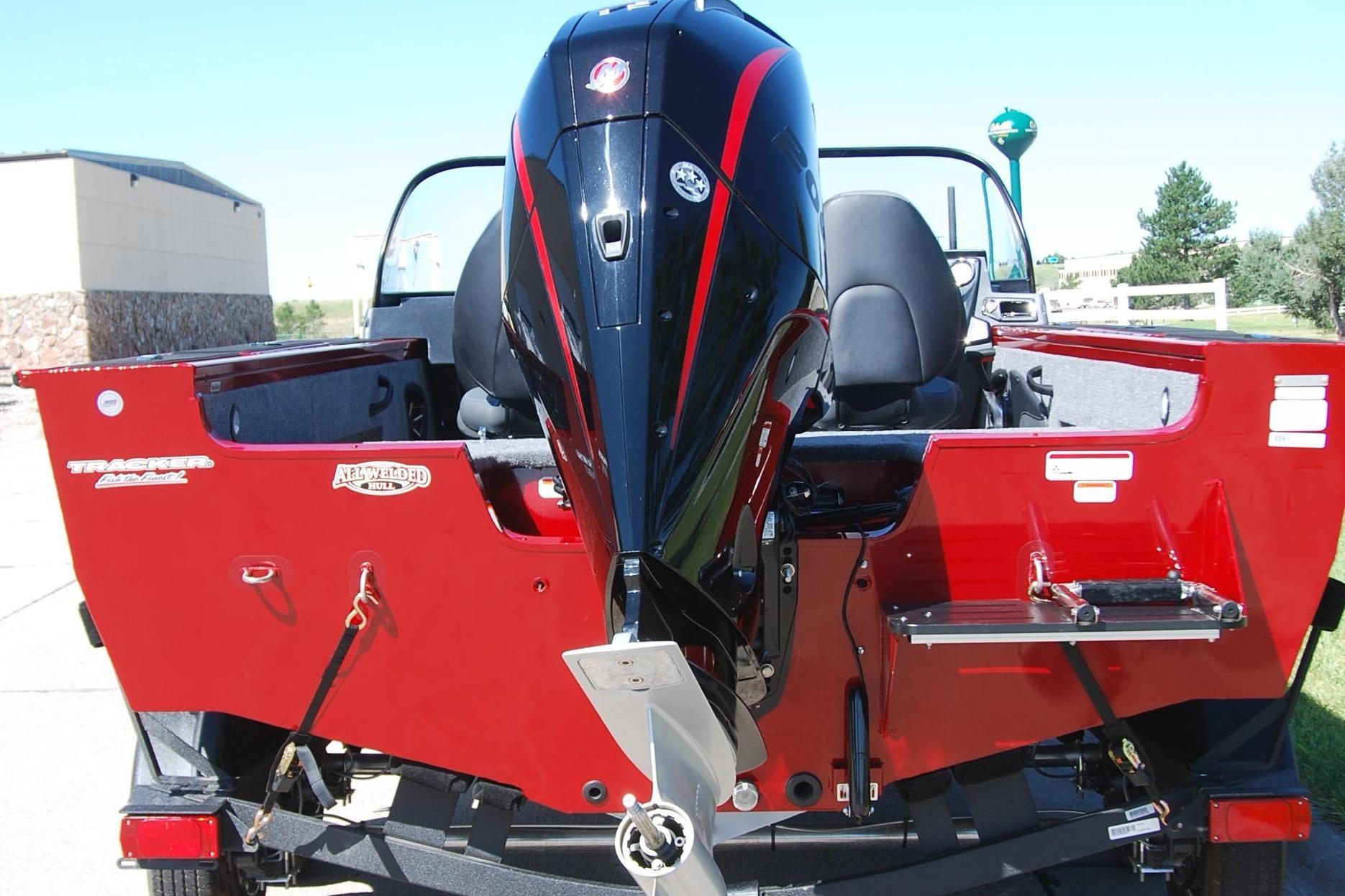 2026 Tracker Targa V-18 WT boat with powerful outboard motor on a trailer.