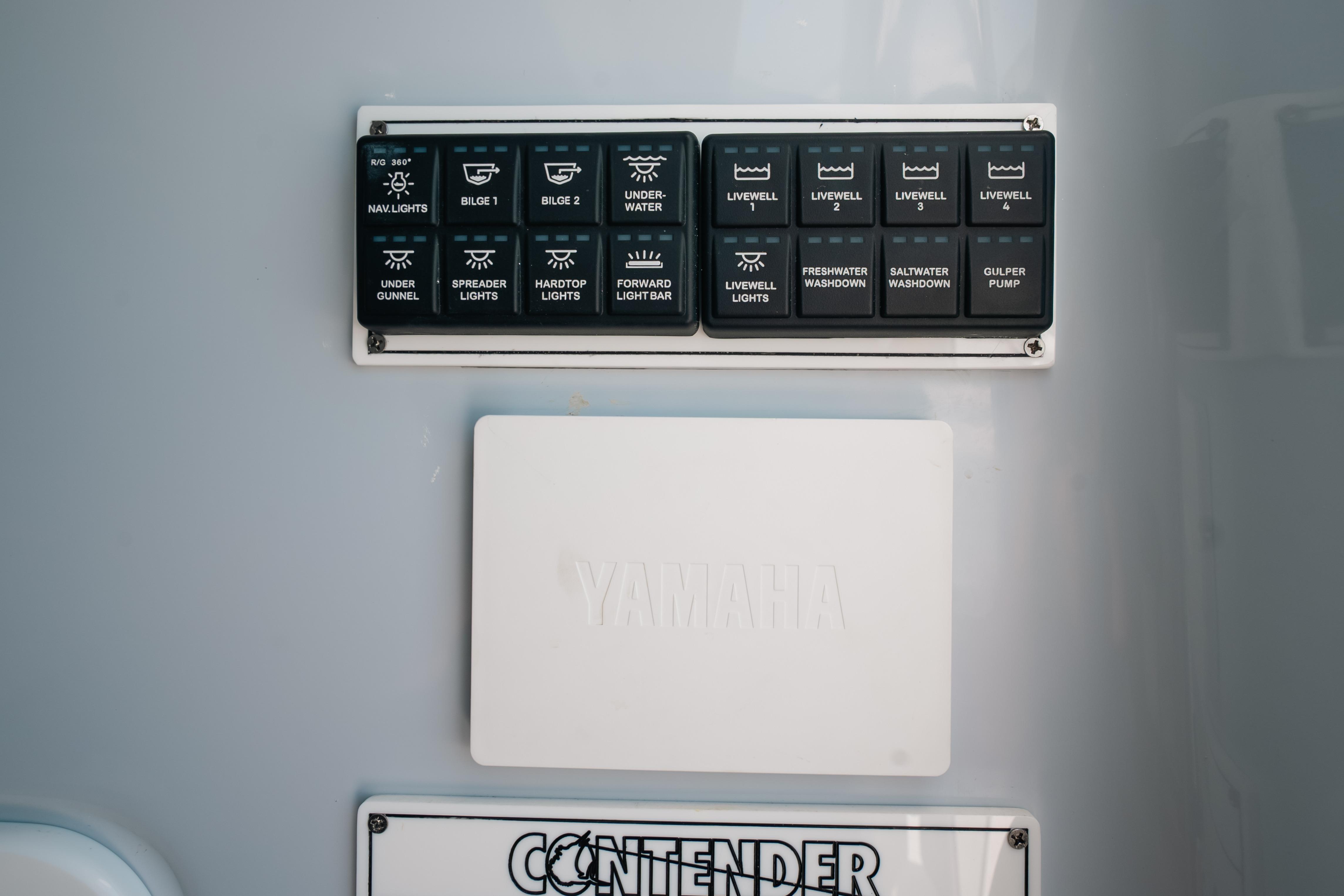 Control panel on 2025 Contender 44 ST boat with Yamaha branding.