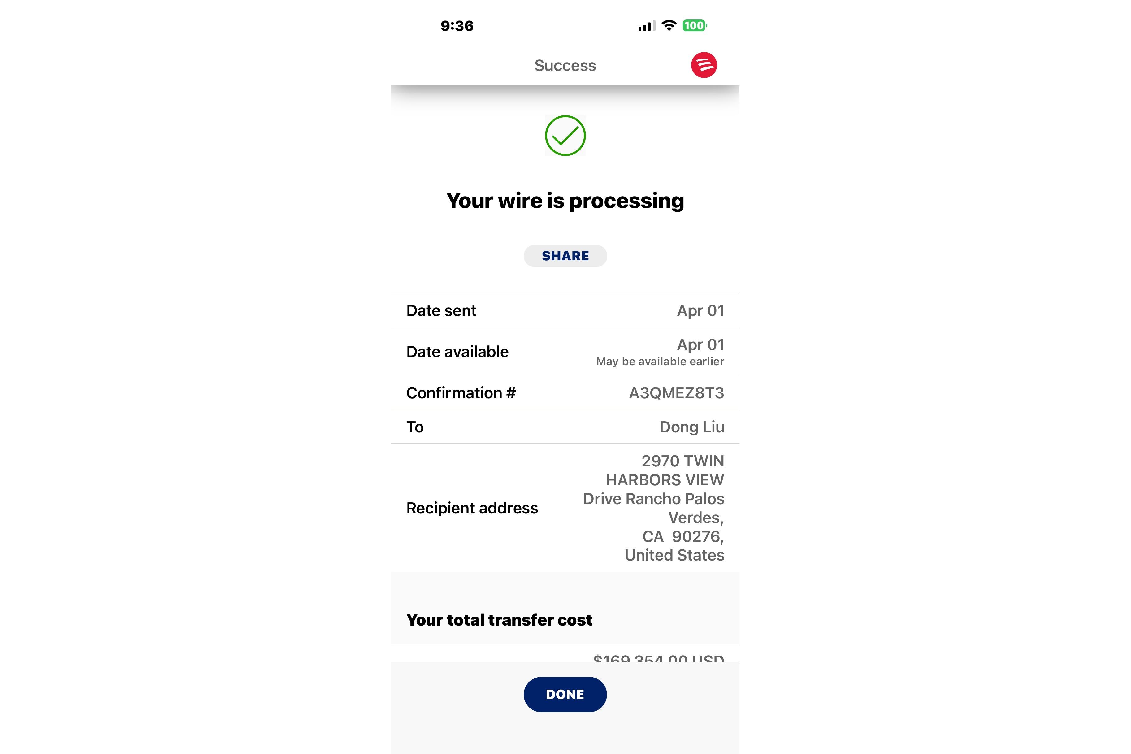 Wire transfer processing confirmation screen with recipient details and transfer cost.