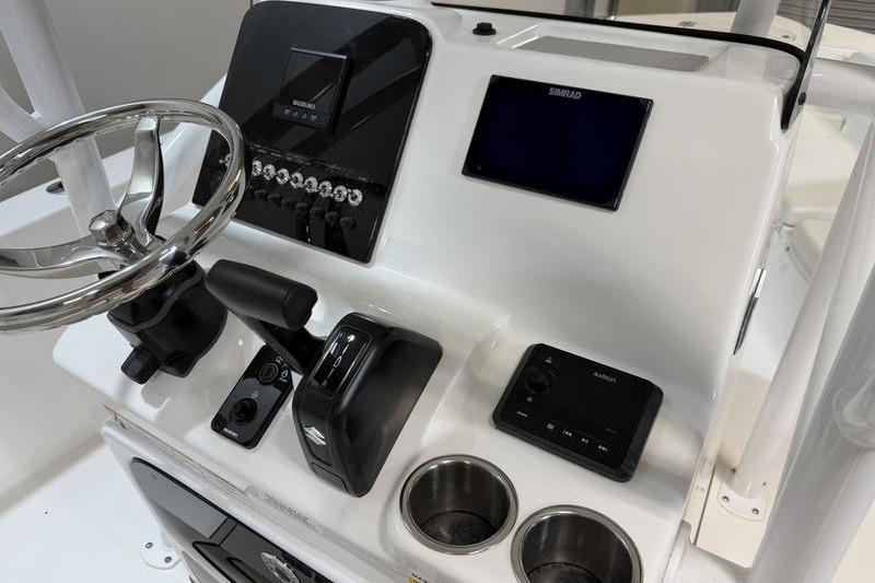 2026 Sea Pro 202 Center Console dashboard with steering wheel and electronic controls.
