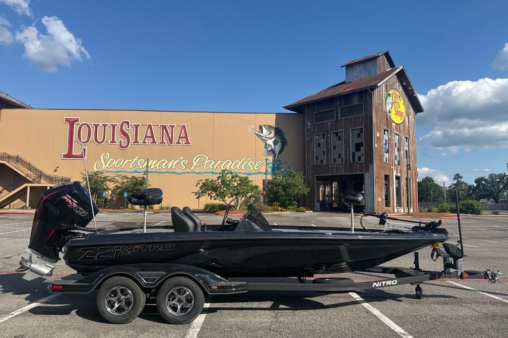 2026 Nitro Z21 XL boat parked outside Louisiana Sportsman's Paradise store.