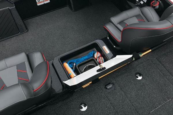 2022 Nitro Z20 boat interior storage compartment with seats and fishing gear.