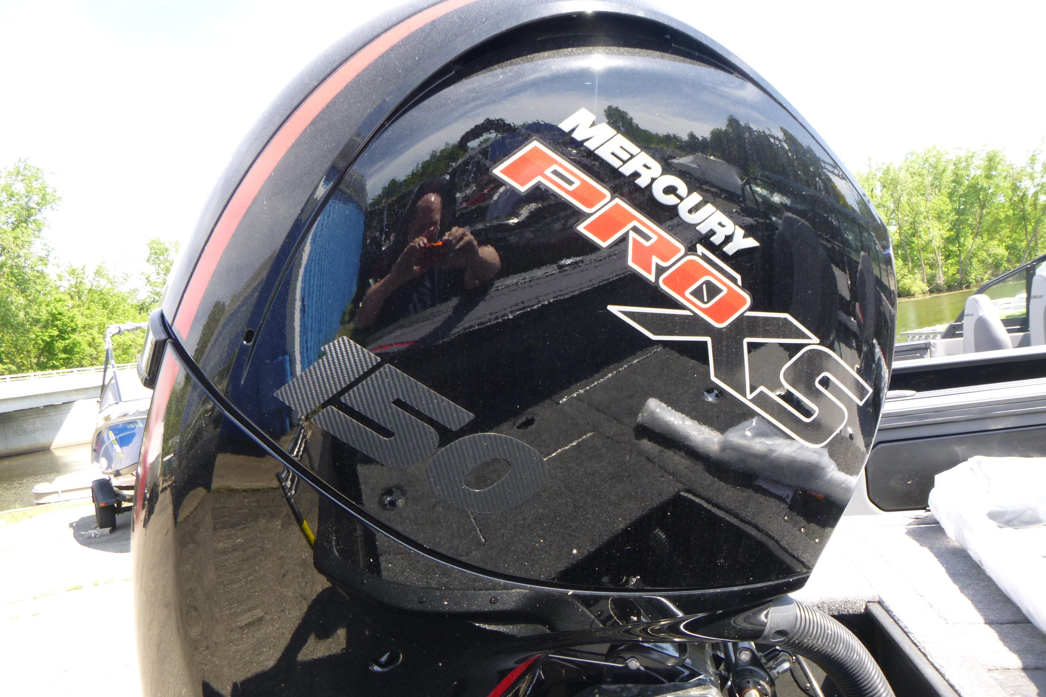 Mercury Pro XS engine on 2025 Alumacraft Trophy 185X Sport boat, outdoors.
