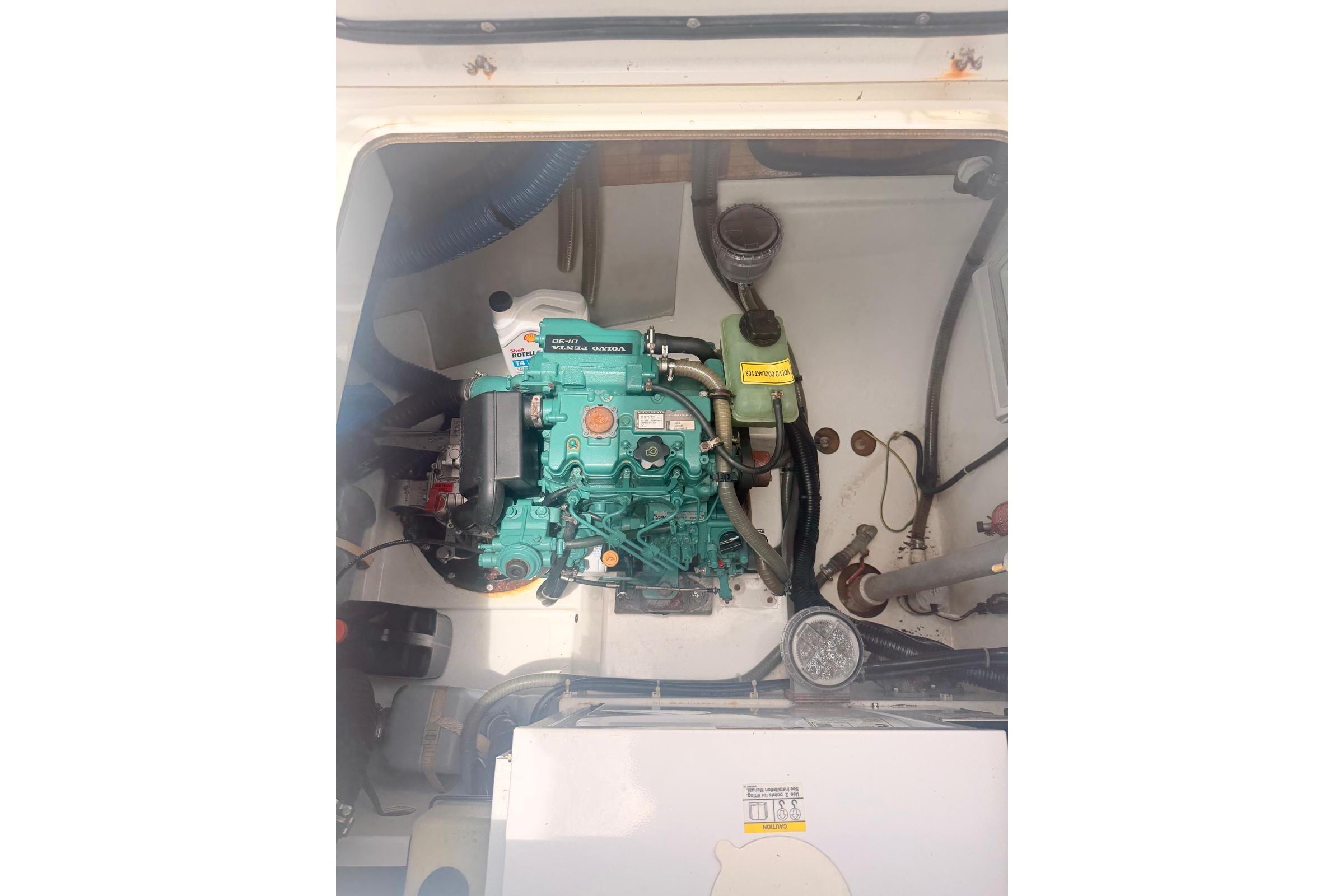 Engine compartment of 2018 Fountaine Pajot Lucia 40 catamaran, showcasing mechanical components.