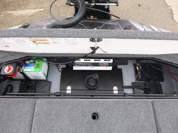 2025 Ranger Z519R Cup-Equipped boat battery compartment with organized storage and wiring.