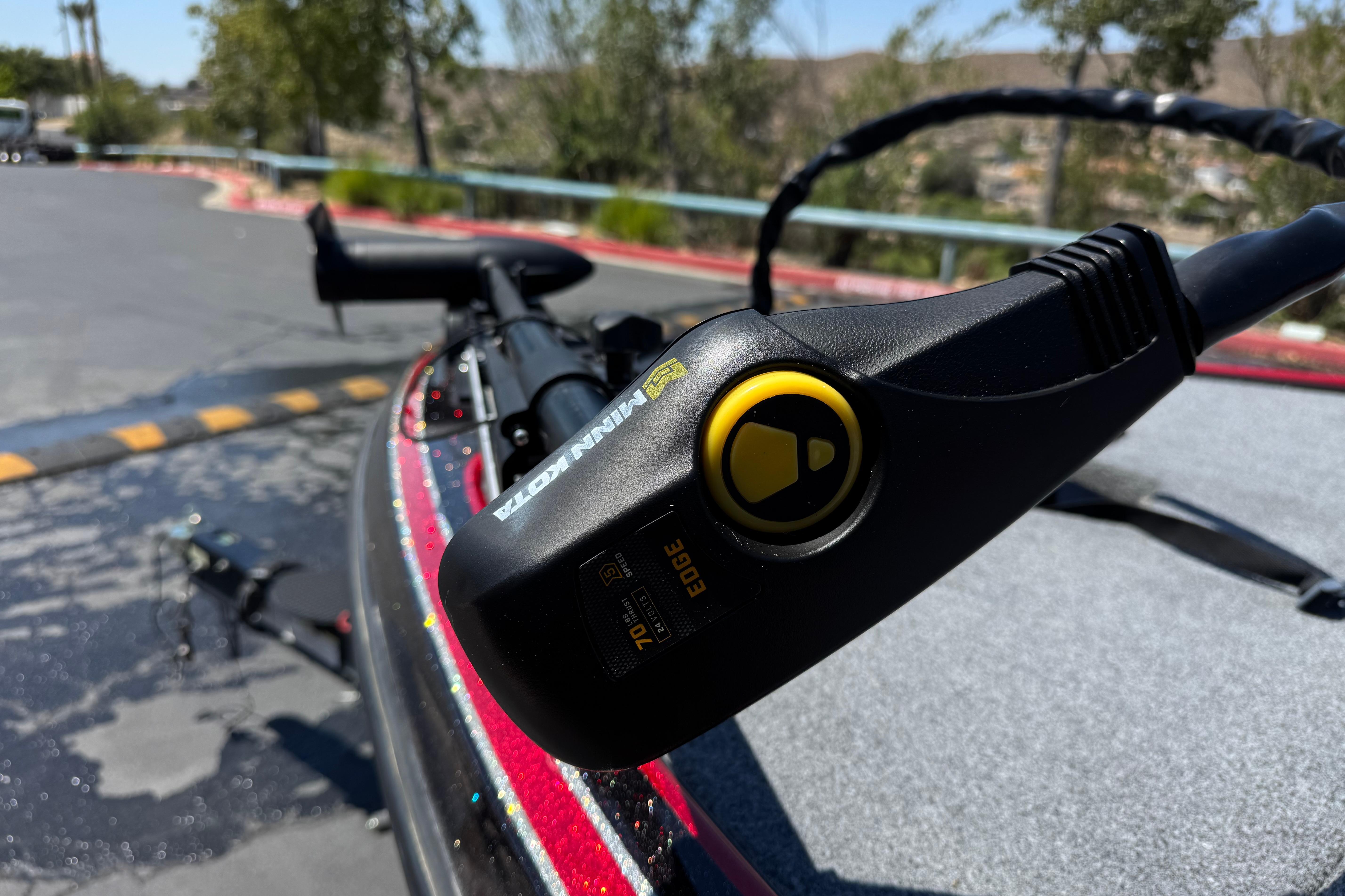 Close-up of a Minn Kota trolling motor on a 2012 Nitro Z-7 boat.