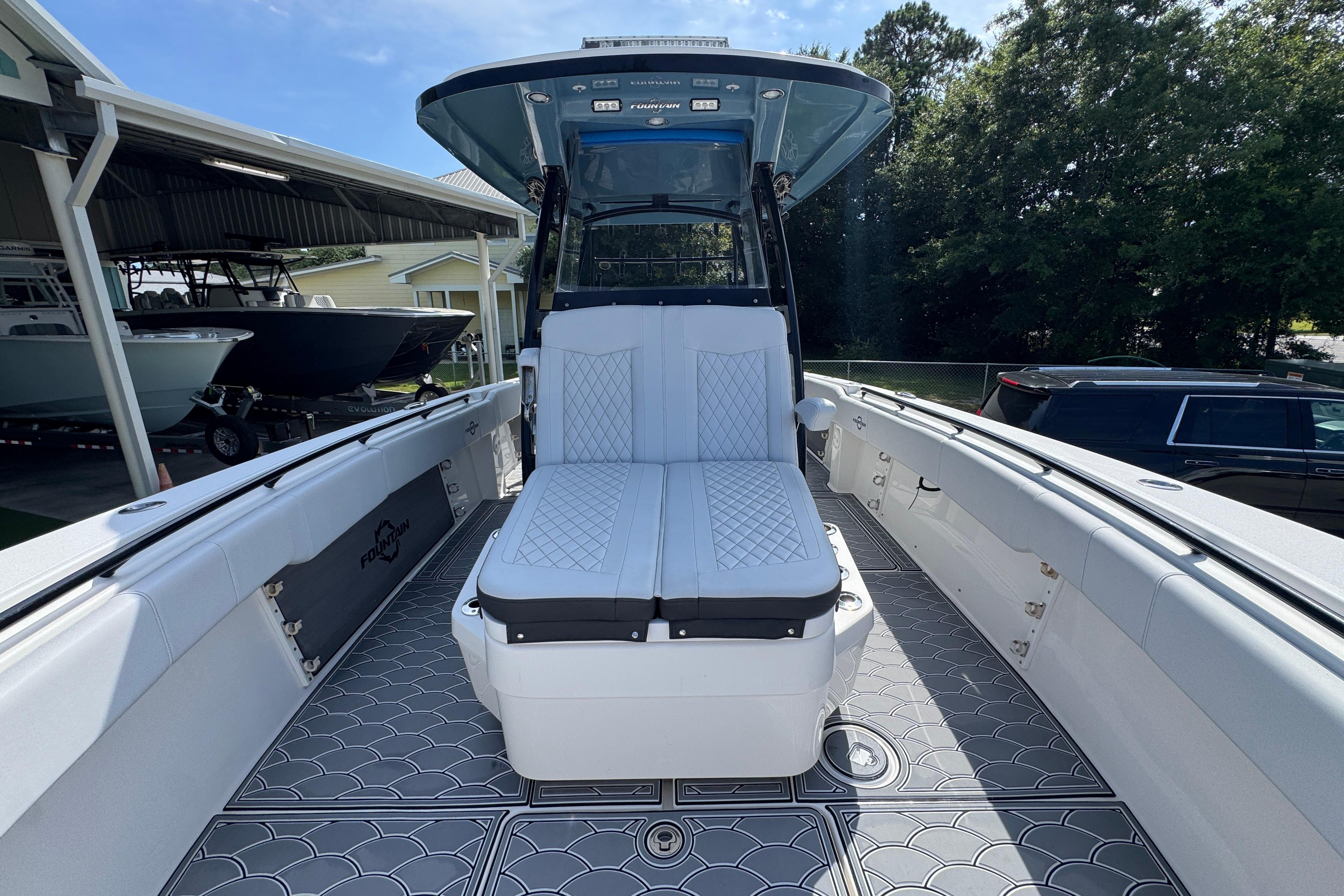 2023 Fountain 34 Tournament Edition boat interior with cushioned seating and sleek design.