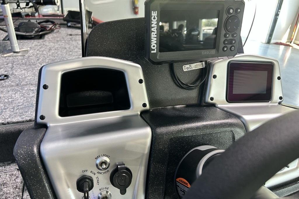 Dashboard of 2026 Tracker Pro Team 195 boat with Lowrance electronics.