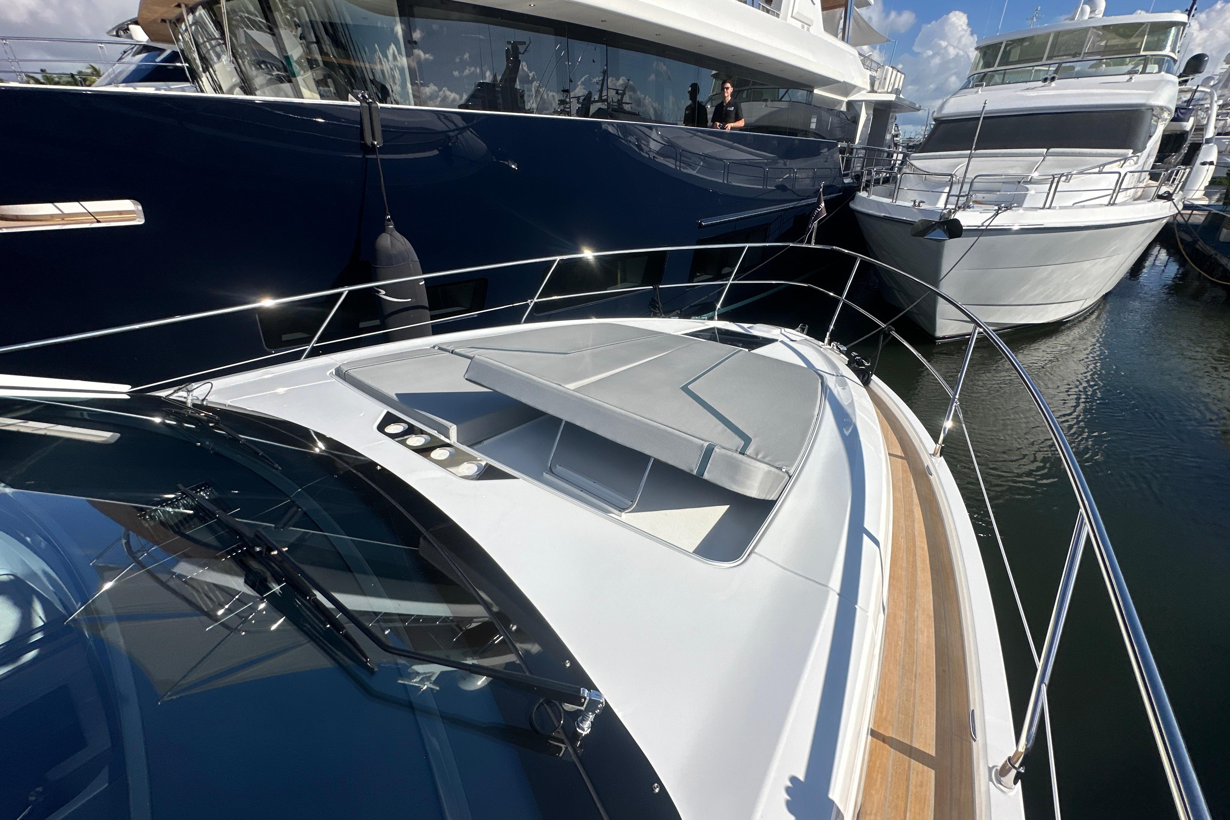 2026 Fairline Targa 47 GT yacht docked, showcasing sleek design and spacious deck.