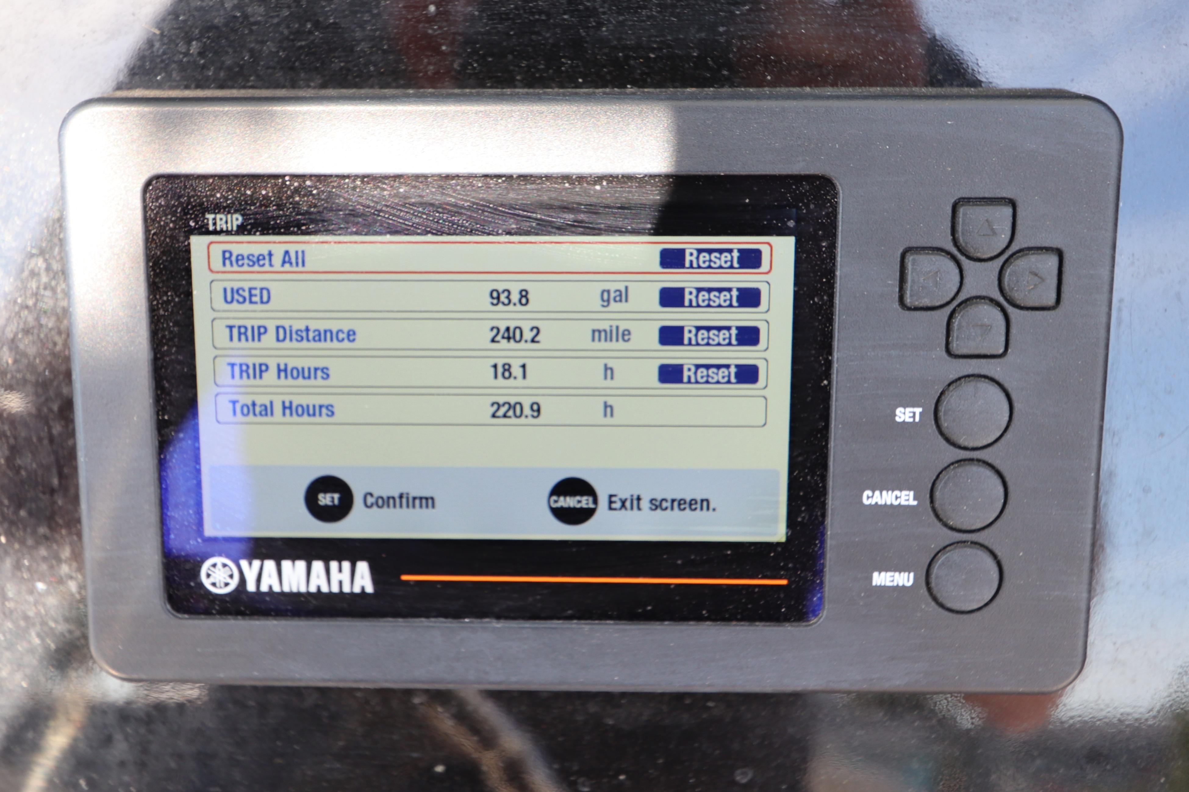 Yamaha display on 2019 Robalo R242 Center Console showing trip data and fuel usage.