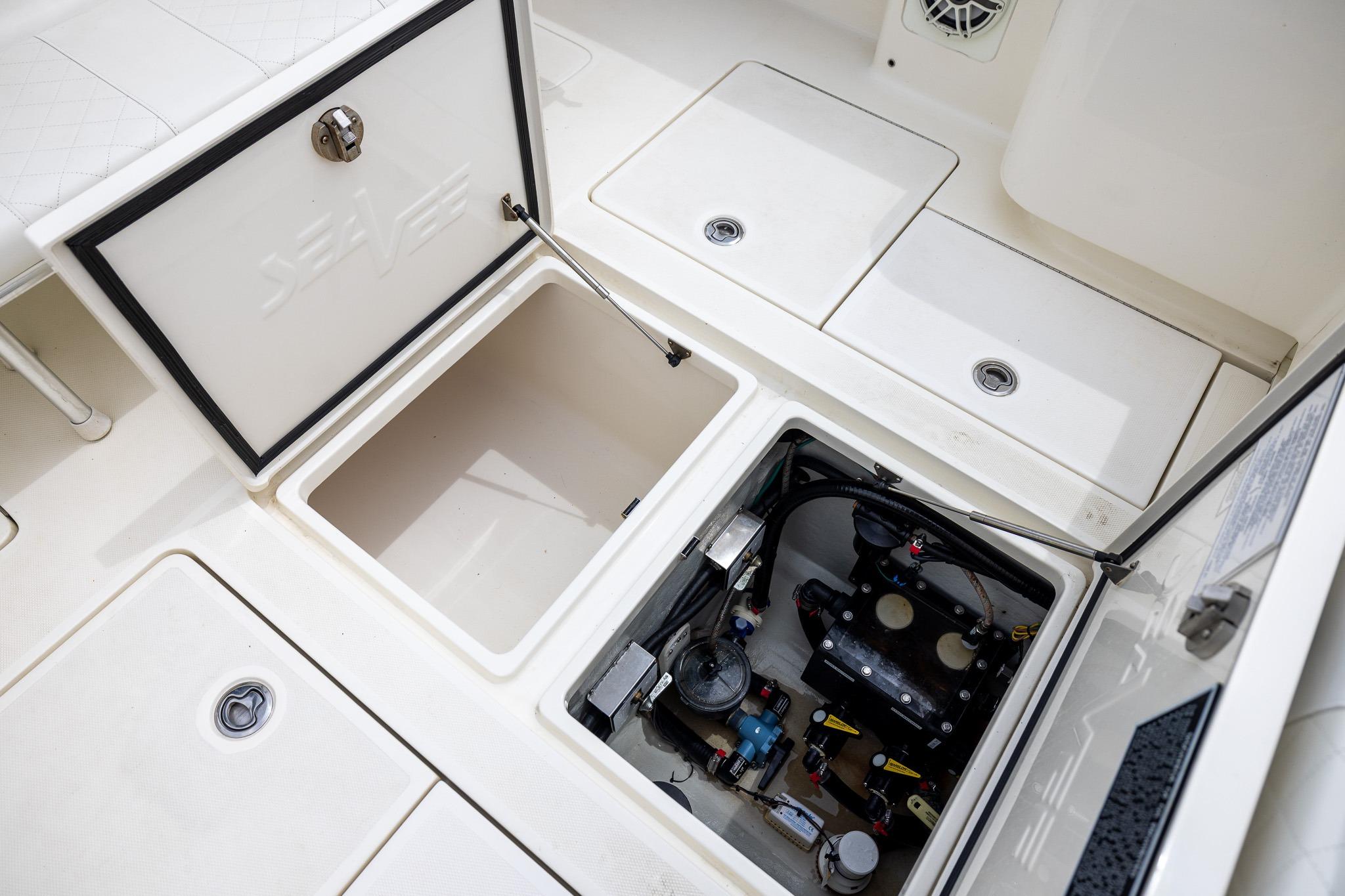 2019 SeaVee 322Z boat storage compartments and mechanical access area.