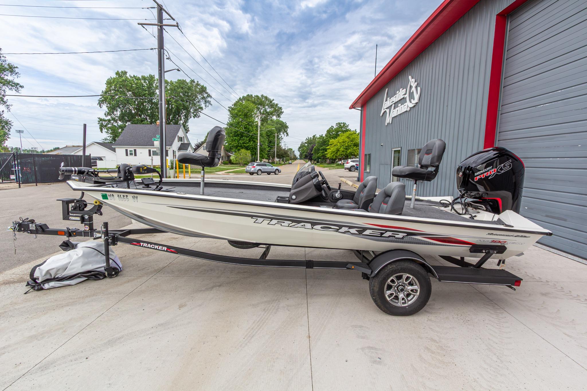 2023 Tracker Pro Team 190 TX boat on trailer outside Lakeside Marina.