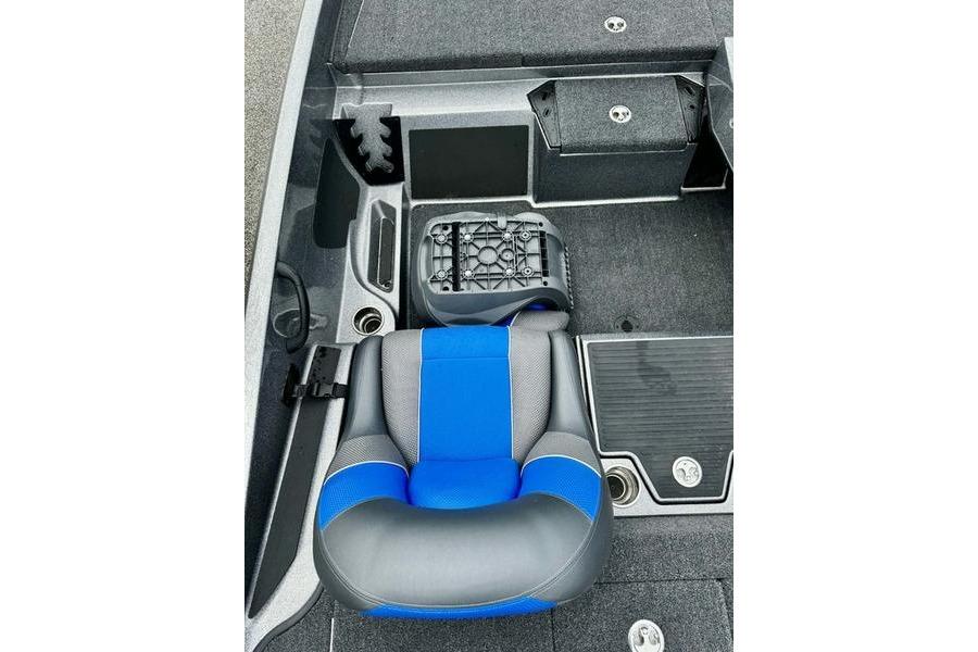 2026 Ranger Z185 boat interior with blue and gray seating and storage compartments.