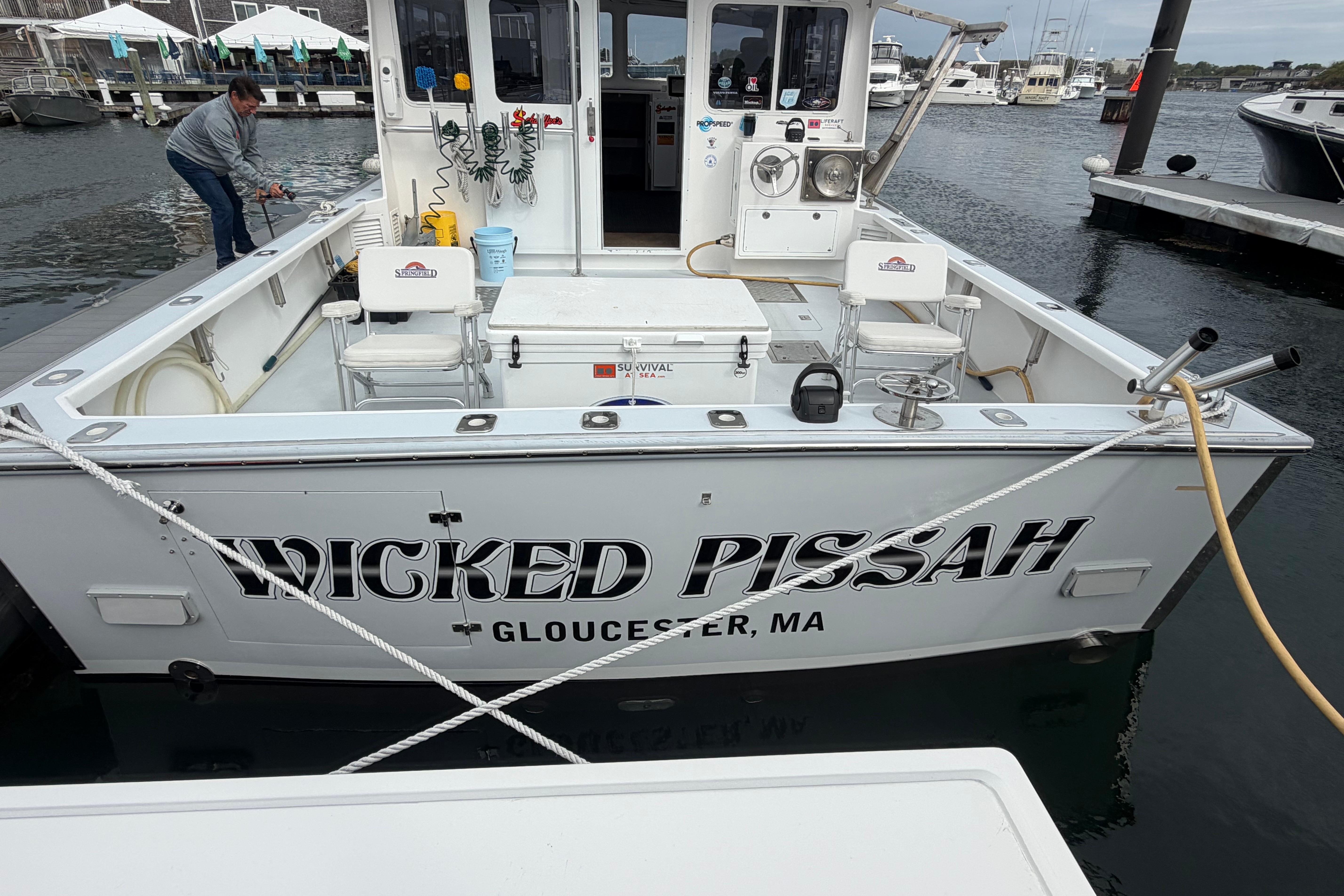2018 H&H Marine Osmond Beal boat named "Wicked Pissah" docked in Gloucester, MA.