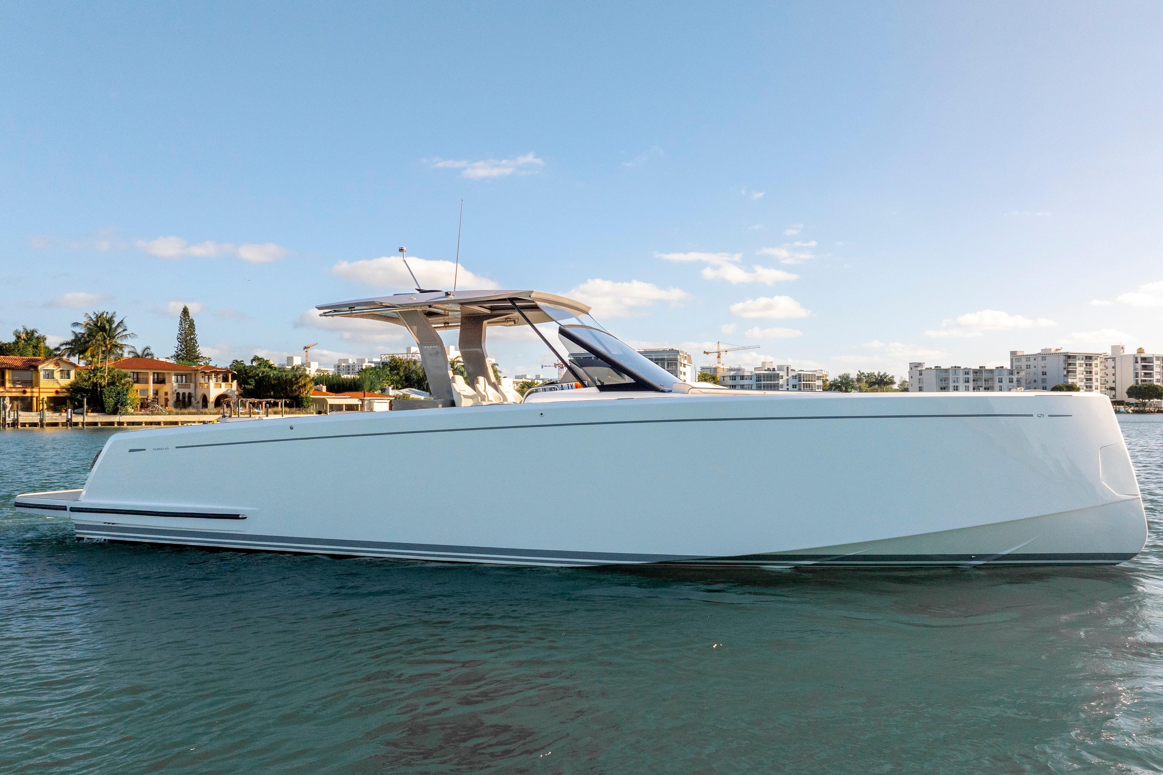 2024 Pardo Yachts P43 luxury yacht on calm water, showcasing sleek design and modern features.