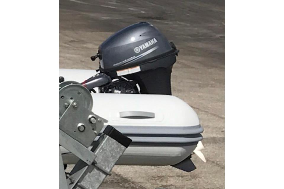 Yamaha outboard motor on inflatable boat, Fountaine Pajot Lucia 40, 2017 model.