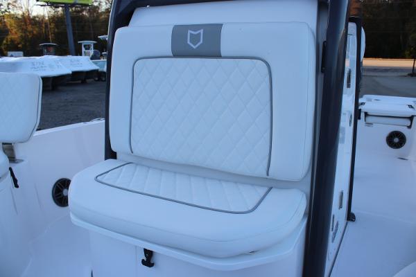 2025 Sea Fox 231 Bay Fox boat seat with white quilted upholstery.